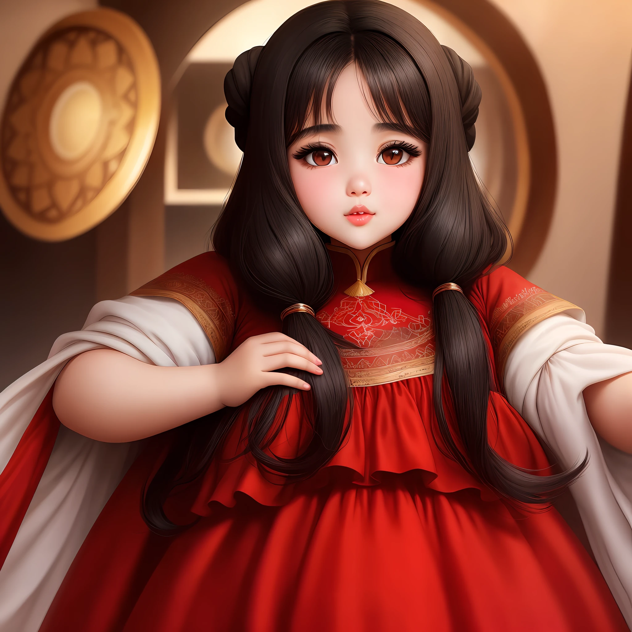 arabic beautiful girl , beautiful black eyes , round face , thick lip , neither fat nor slim , red dress