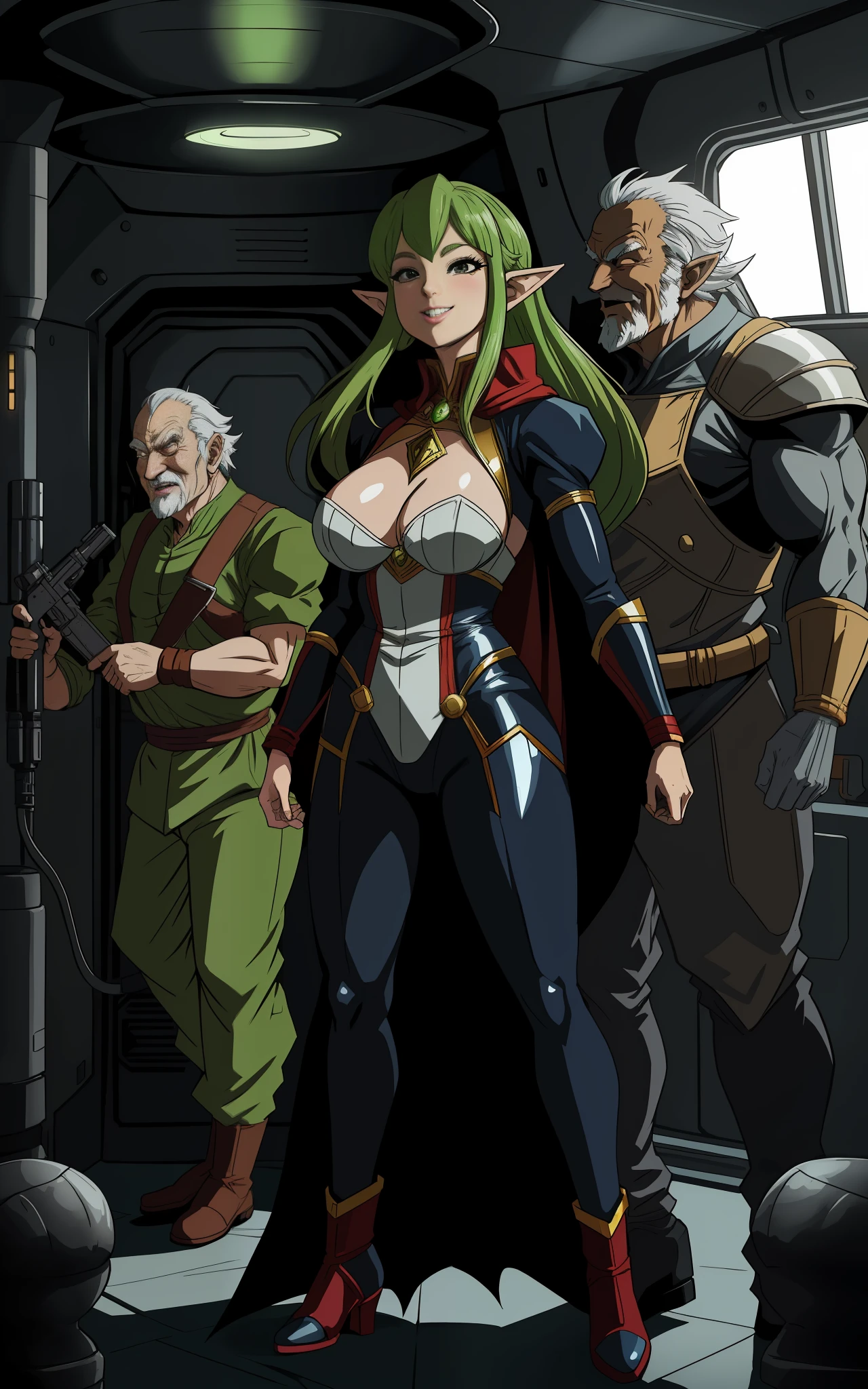 Dragon Ball, (full body photo: 1.5), several men and Princess Zelda in maid cosplay costume| Spider-Man| Batman| Superman, inside a crowded spaceship and (Old Man+Demon is holding her tightly), and (the others are squeezing her in the corner of the ship)), she has (very short green hair blowing in the wind), (black eyes: 1.0), large breasts, is looking at the old man, smiling and the (Old man is holding a futuristic machine gun). Anime style (maximum resolution and quality and detail: 1.5), (masterpiece: 1.2)