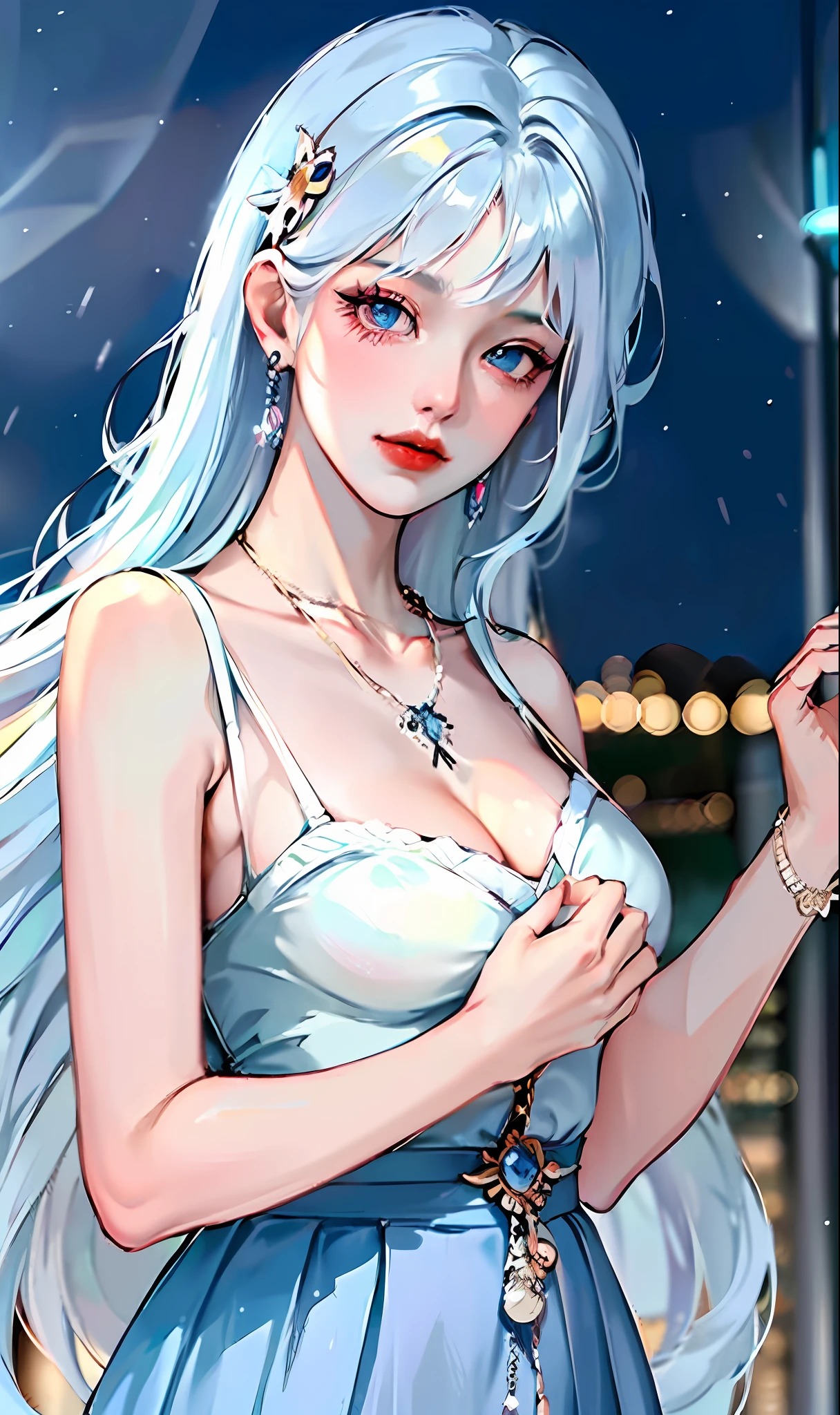 (masterpiece:1.4), (best quality:1.4), 8k,realistic, 1gril, solo, ((light blue hair)), hair accessory, long hair, blue eyes, collarbone, portrait, red lip, cleft lip, (cleavage, pleated skirt), small breast, blue nails, necklace, earrings, fashion-girl, looking at the audience, professional lights, night, rain, outdoors,