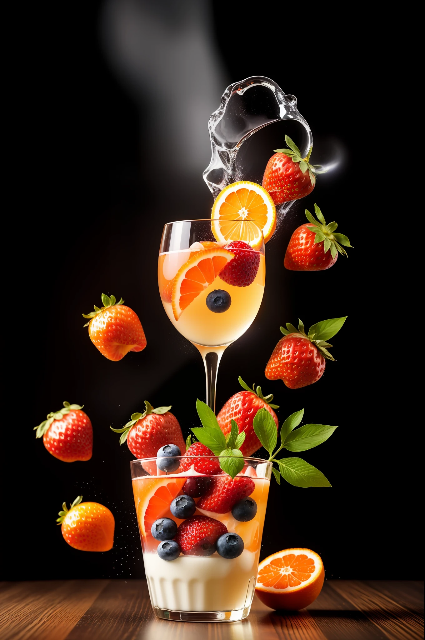 (Cinematic Photo:1.3) of (Realistic:1.3) a studio shot of a (exploding:0.2) (Fruit in low gravity:1.1) (Splashing:0.9) a glass of water with strawberries, oranges and blueberries in it, splash image, full-color, on a canva, splashes of liquid, drinks, a fruit basket, strong red hue, hgh, evokes delight, water swirling, by Fred Marcellino, top selection on unsplash, professional food photography, art photography. black background