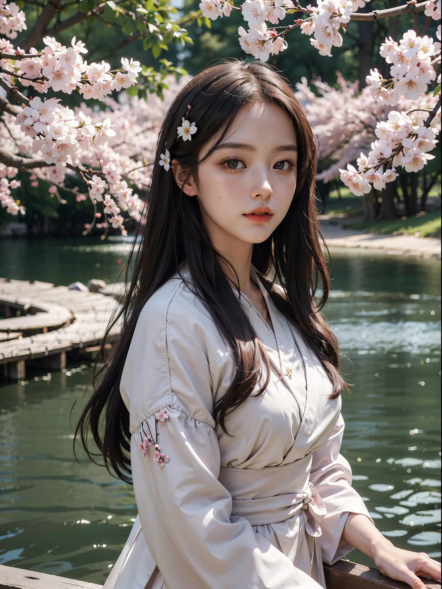 best quality,(RAW photo:1.2),(masterpiece:1.4),(photorealistic:1.4),(highres:1.4), 1girl, long hair, depth of field, cherry blossoms, lake, beautiful detailed water, hanfu,8k, extremely detailed, perfect lighting