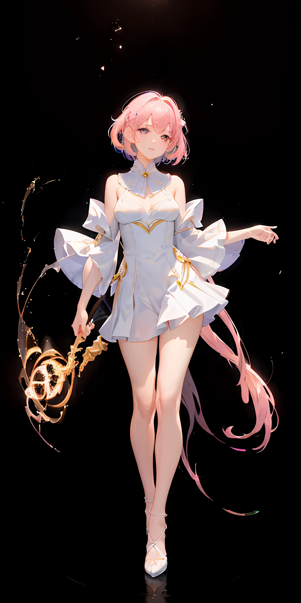 (Masterpiece, Best Quality, Ultra Detail, Best Shadow), (Pure White Background), (Beautiful detail Face), High Contrast, (Best Lighting, Extremely Delicate and Beautiful), ((Cinematic Light)), Bright Colors, Hyperdetail, Intricate Details, Standing Painting (1 Girl, Solo, Full Body, Front, Pink Hair, Pointed Face, Short Hair, Fluorescent Coat (Broken Glass), Red Eyes, Hair Between Eyes, Dynamic Angle), Shimmer Rotates Around Character, Purple Light Particles, Magic Array,