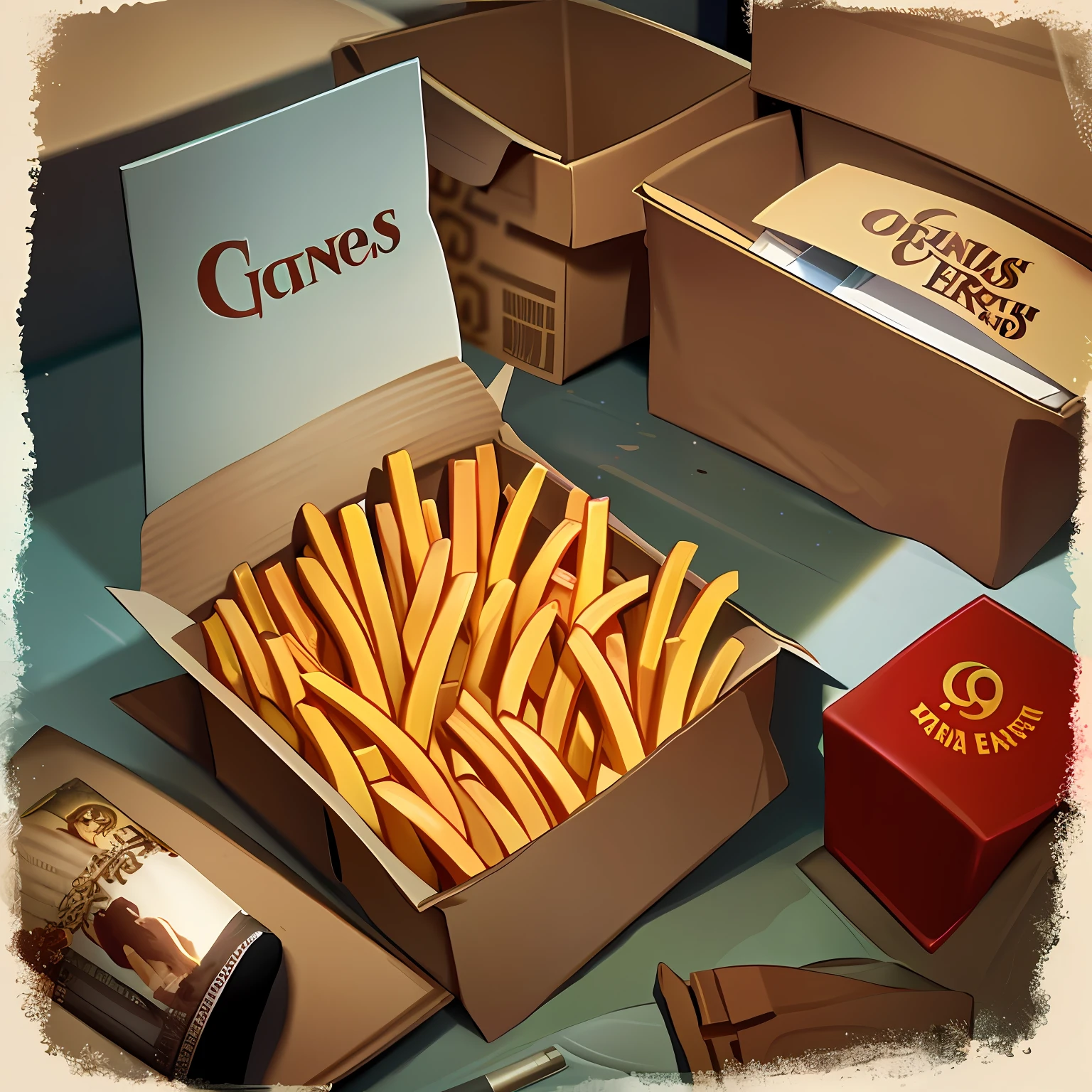 No humans, french fries packaging, concept art, cardboard box, Harry Potter, package designs, london style