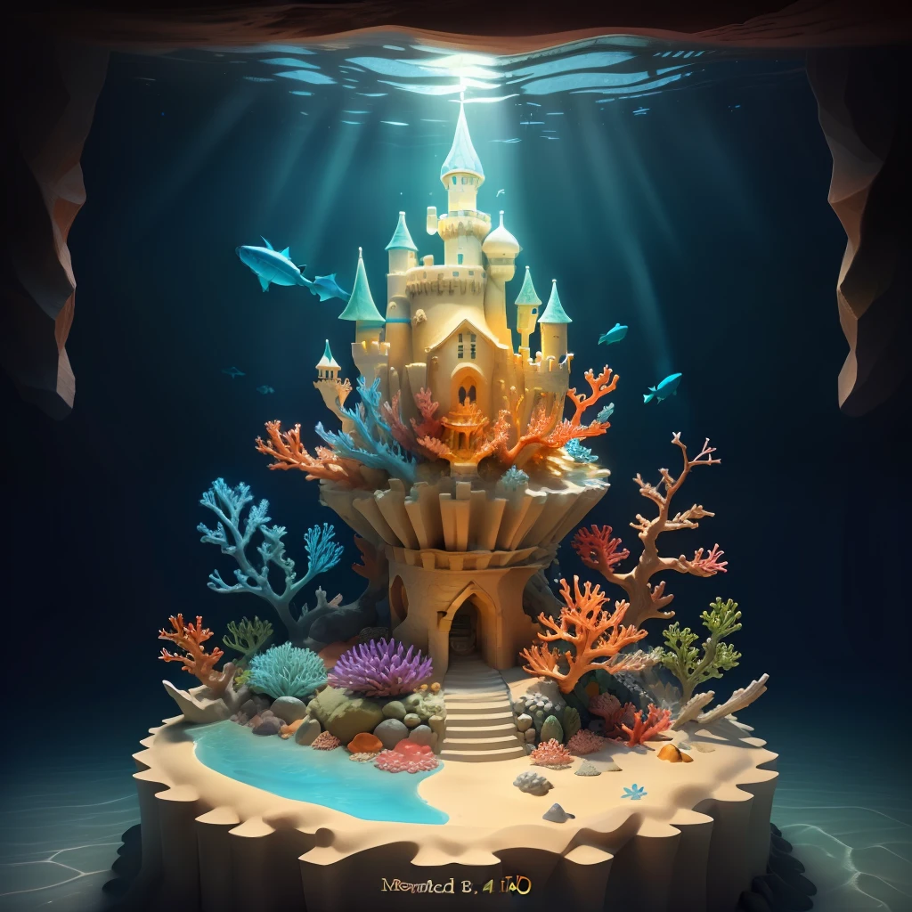 a sand castle with flowing water,around there are colorful corals, and a few crabs,star fish,there are also sea plants, fantasy,3D,ambiance hd, HDR, 4k v--4.