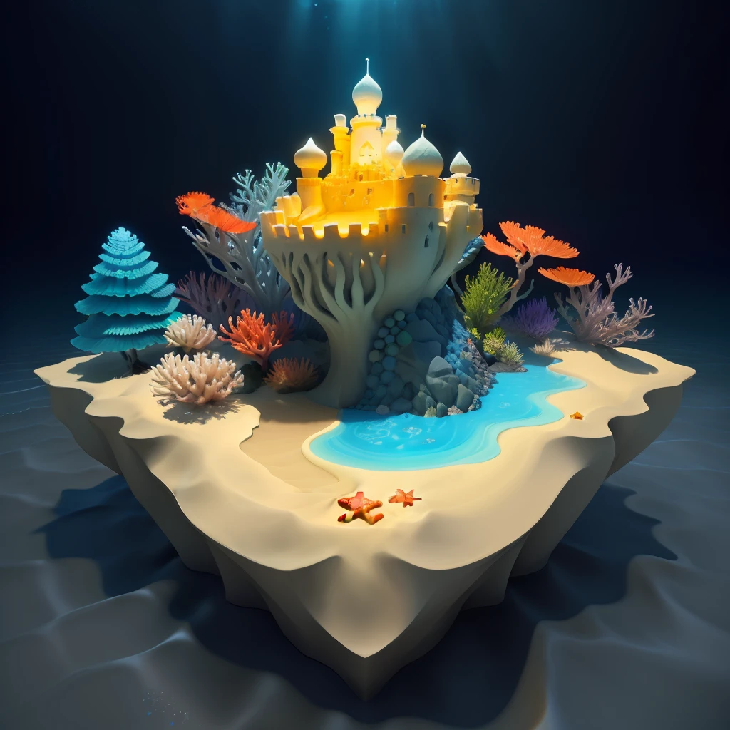 a sand castle with flowing water,around there are colorful corals, and a few crabs,star fish,there are also sea plants, fantasy,3D,ambiance hd, HDR, 4k v--4.