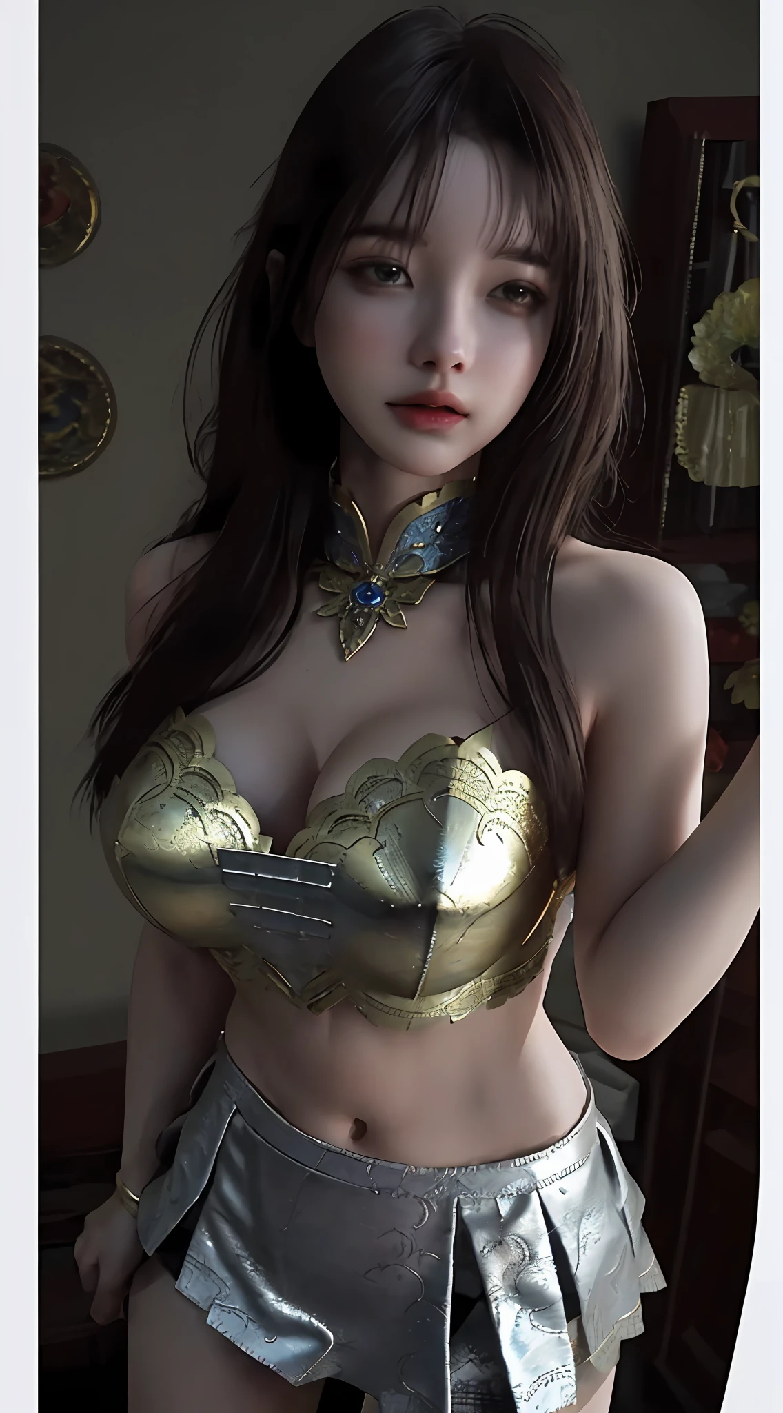 a sexy woman in a gold and blue lotus lace armor skirt, chengwei pan on artstation, by Yang J, detailed fantasy art, stunning character art, fanart best artstation, epic exquisite character art, beautiful armor, extremely detailed artgerm, detailed digital anime art, artgerm on artstation pixiv, armor girl, cleavage:1.5 , big breasts:1.4, (mini skirt:1.5)