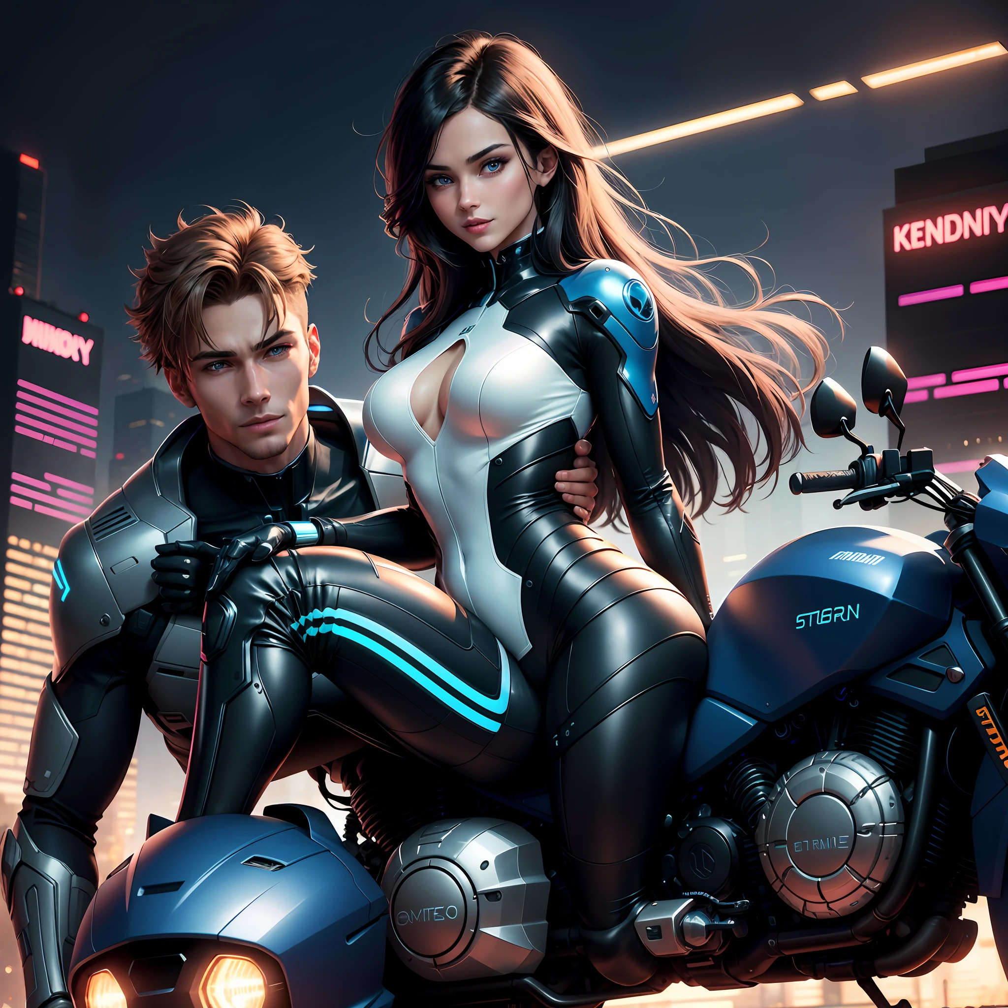 The handsome boy is riding a motorcycle while wearing a mech suit, with a beautiful girl with good looks sitting behind him. The boy has a chiseled jawline, piercing blue eyes, and short, tousled hair. He exudes confidence and charisma as he navigates the vehicle. The mech suit is sleek and metallic, with glowing accents and advanced technology. The girl has long, flowing hair and a radiant smile, and she is dressed in a form-fitting outfit that complements the boy's suit. The scene is set against a futuristic cityscape, with towering skyscrapers and neon lights in the background., wide shot