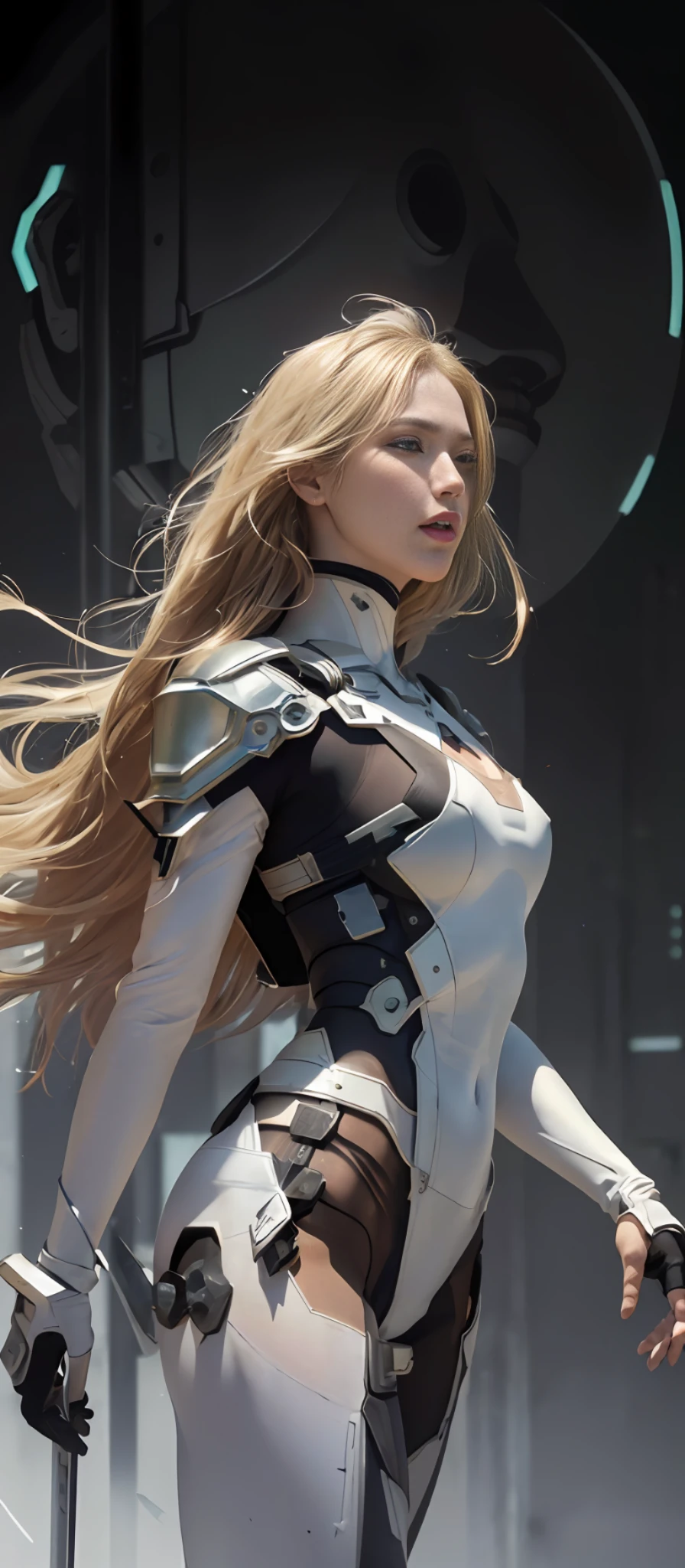 Masterpiece, Best Quality, Film, Official Art, Propaganda Art, Movie Wallpaper, Very Detailed CG Unified 4k Wallpaper, Intricate Details, White Background, Upper Body, Facial Focus, Concept Art, Production Art, ( , Highres, (realistic, photo-realistic:1.2), physically-based rendering, machinery, reflection, realistic, cyberpunk, symmetric front view close up head shot eyes symmetry face very sharp focus realistic award winning matte drawing movie light 1 boy, mecha, (Illustration: 1.1), slim, fair skin, delicate face, king robe, shine, tights, (long blonde hair), green eyes, battlefield, chip, shine, sword