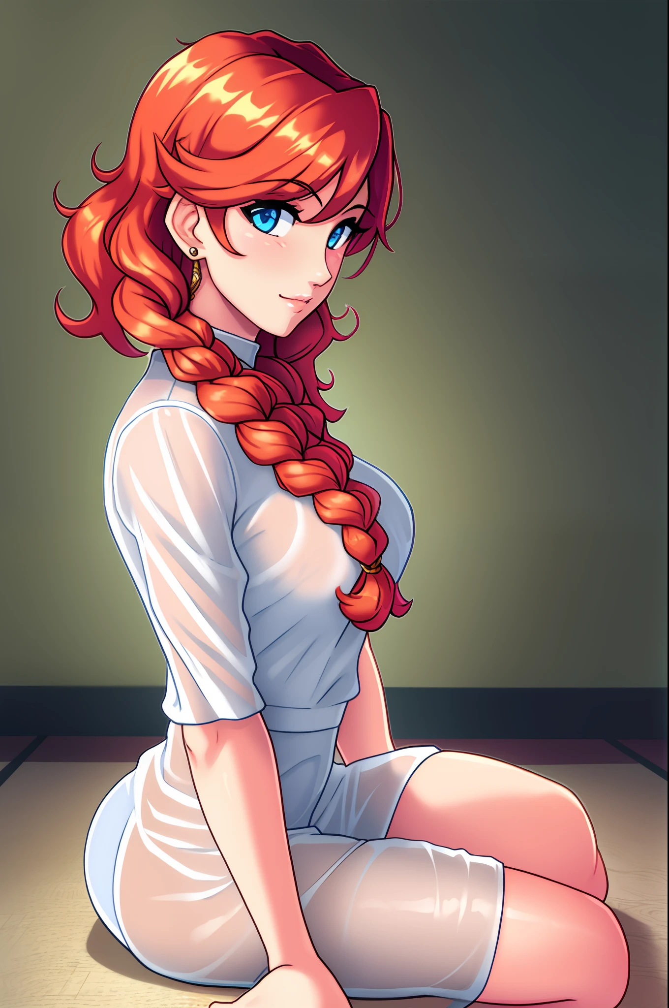 woman, curly ginger hair braided, sitting, see through shimmering clothes