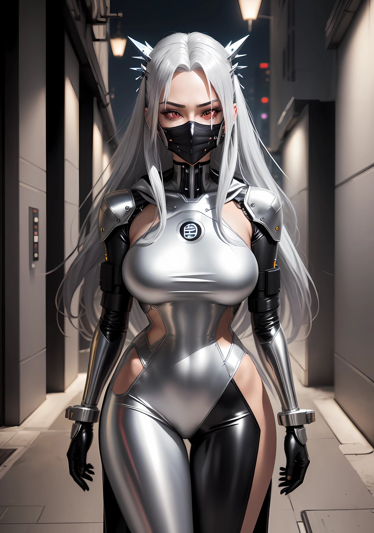 agirl, anime girl, mature woman, silver hair, (super long straight hair), (silver latex set), opai cyberpunk, silver cyberpunk suit, silver full body set, silver web suit, silver cyberpunk glossy latex set, ((silver long coat)), symmetrical costume, ((half-faced ghost mask)), (night background), cyberpunk, cyberpunk, (beautiful eyes, sharp eyes, symmetrical eyes, cold face, full body), (high level of detail), perfect proportions, (big breasts), big ass