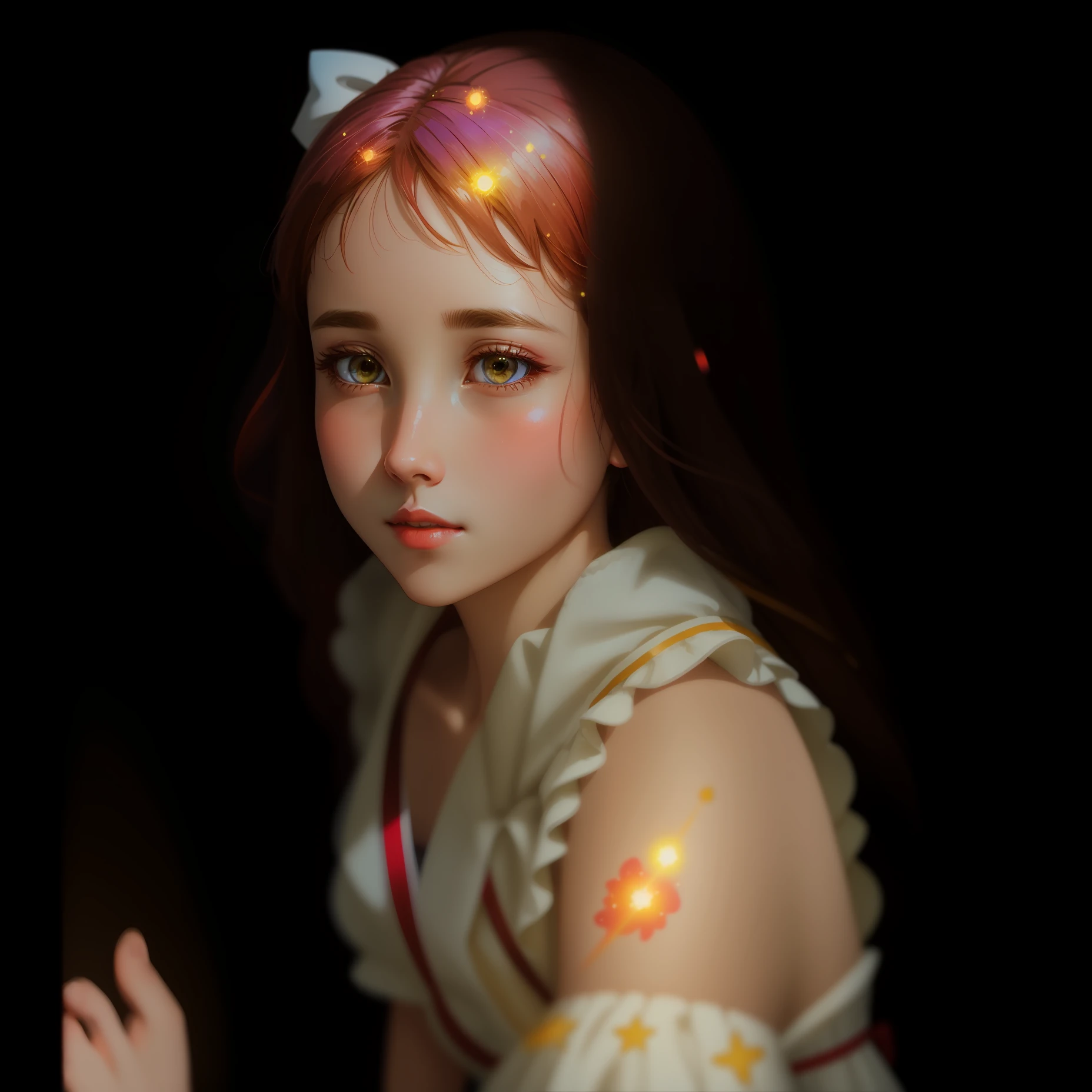 Colorful galaxy in the dark night, a cutegirl in a white dress with a bow, face closeup,red andyellowsparkssplashing,goldenglowingfishes flying,glowing,surroundedbygoldensilkthreads, handdrawn animation style, clean andsimple Lines