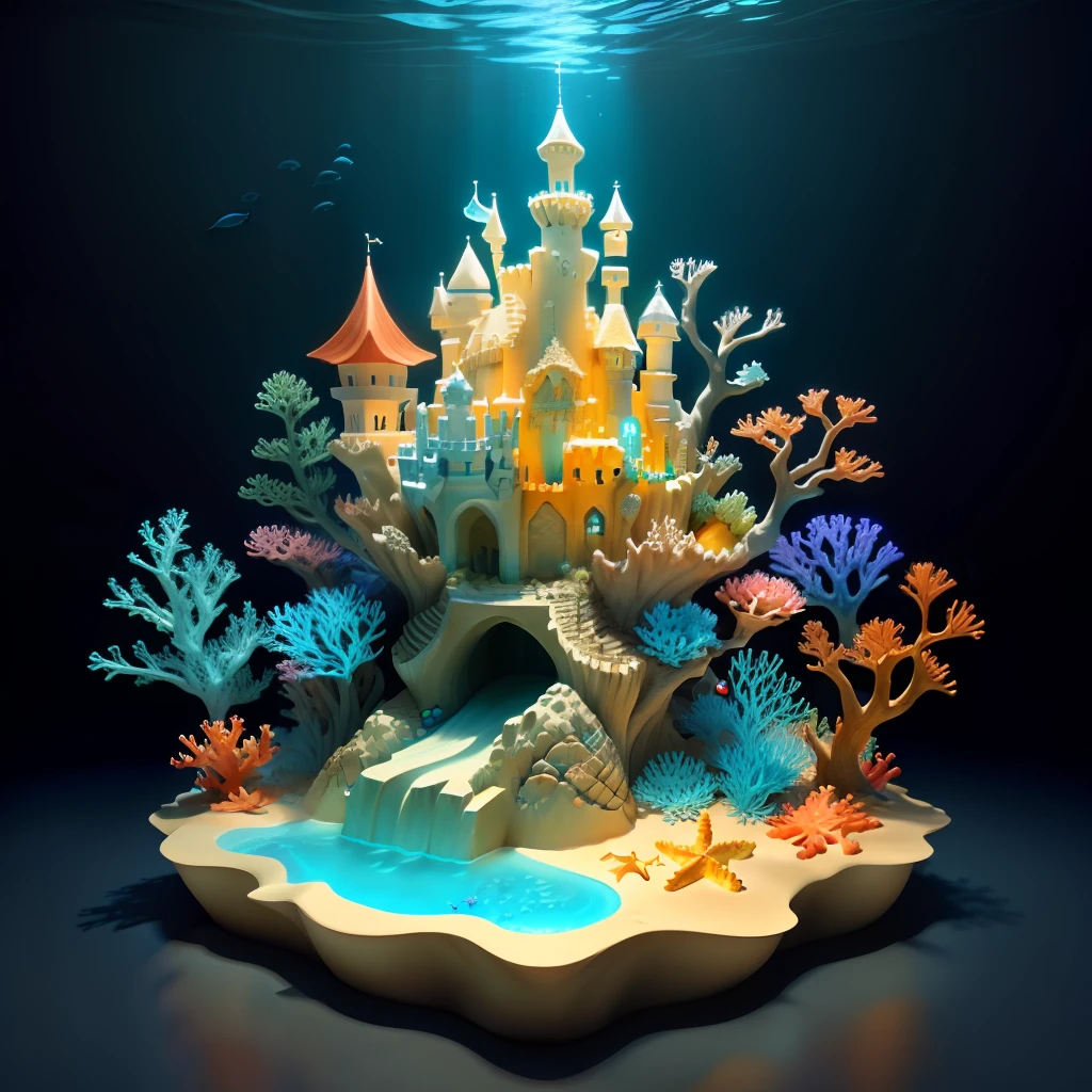 a sand castle with flowing water,around there are colorful corals, and a few crabs,star fish,there are also sea plants, fantasy,3D,ambiance hd, HDR, 4k v--4.