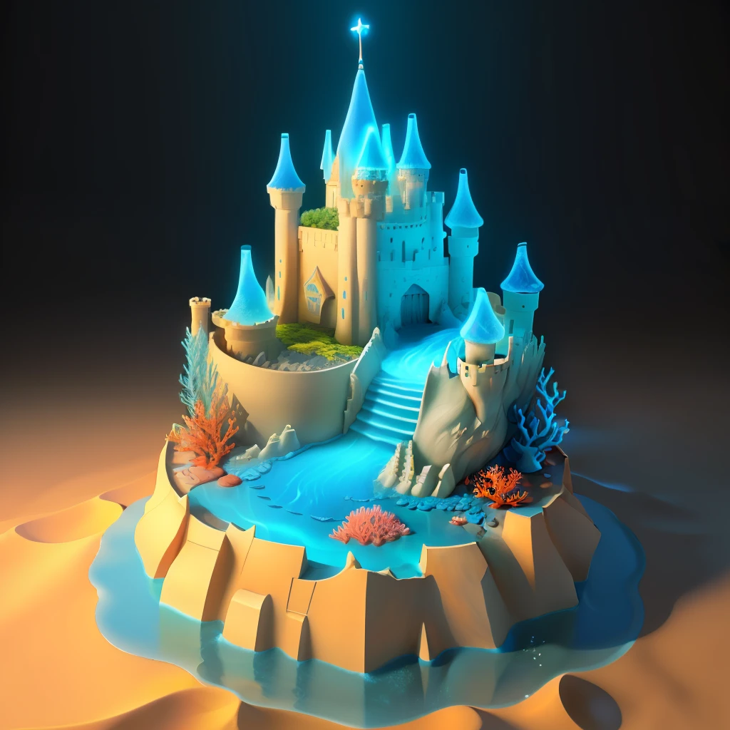 a sand castle with flowing water,around there are colorful corals, and a few crabs,star fish,there are also sea plants, fantasy,3D,ambiance hd, HDR, 4k v--4.