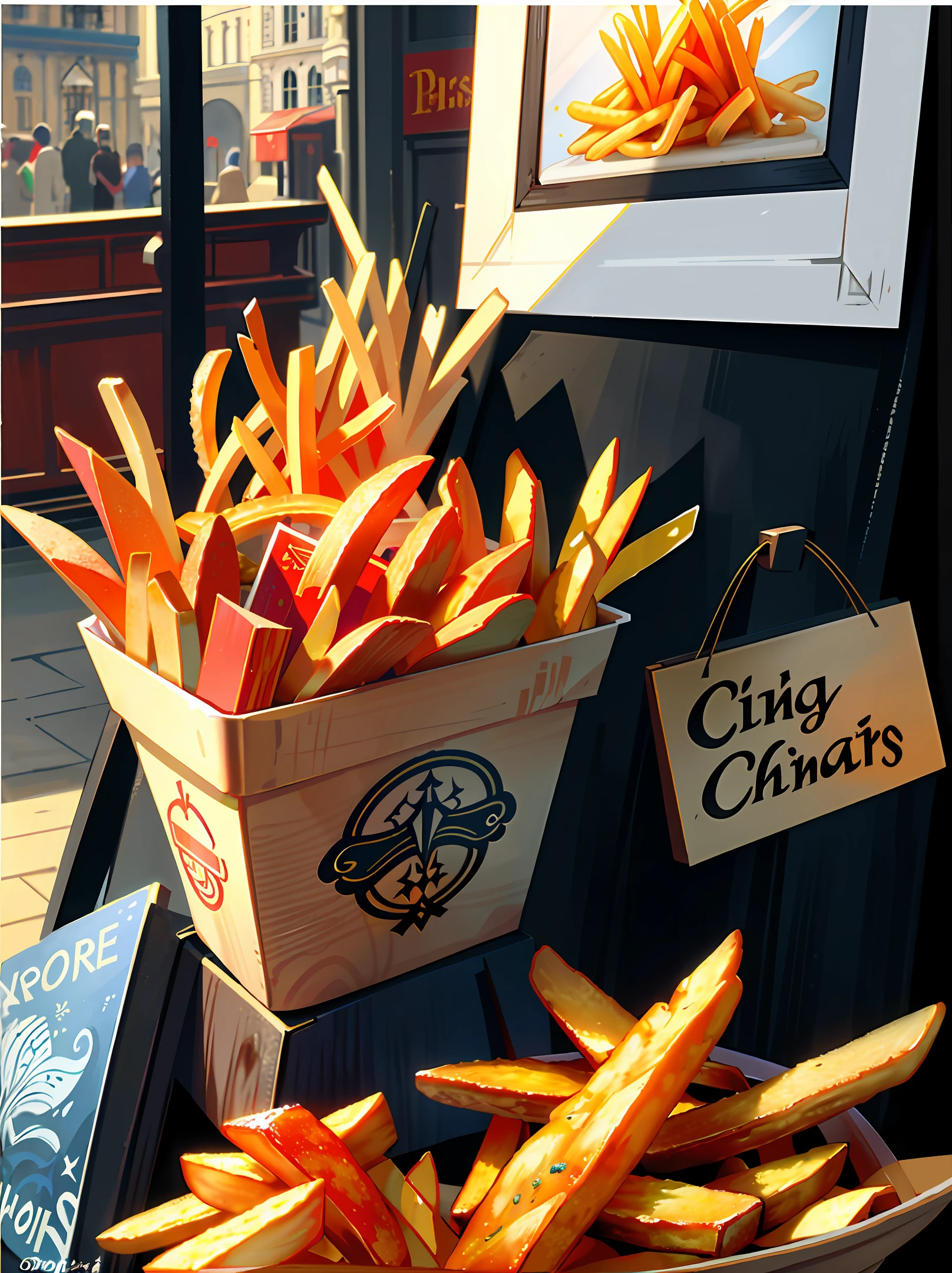 [(Masterpiece):: 5], ((masterpiece)), ((best quality)), (((very detailed))), vivid colors, French fries, Family Barrel, Fish and Chips, (snack bar), (food stand), London, Harry Potter, Wizards World, Restaurant, Food, Lomo style
