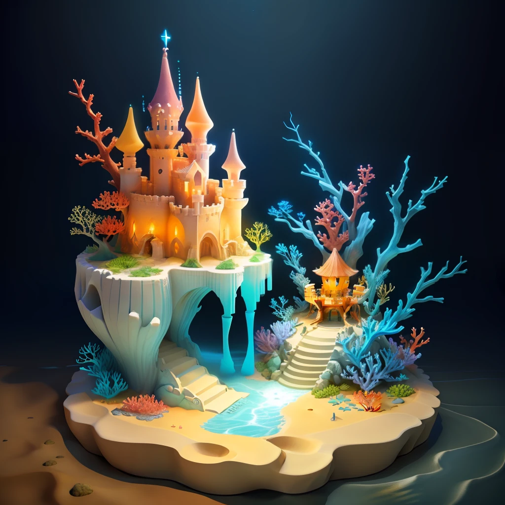 a sand castle with flowing water,around there are colorful corals, and a few crabs,star fish,there are also sea plants, fantasy,3D,ambiance hd, HDR, 4k v--4.