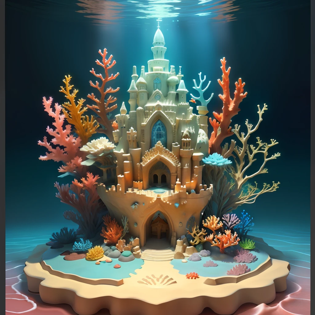 a sand castle with flowing water,around there are colorful corals, and a few crabs,star fish,there are also sea plants, fantasy,3D,ambiance hd, HDR, 4k v--4.
