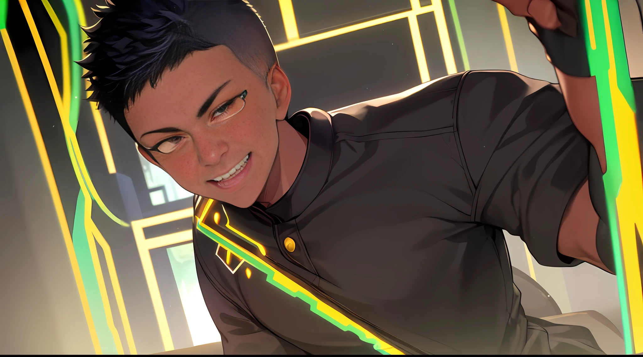 A young adult boy with red glowing eyes, black skin, 1boy, shaved hair, buzz cut, friendly smile, sharp ponty teeth, wearing a green and yellow jumpsuit, UHD, masterpiece, textured skin, high details, award winning, highres, best quality, high quality, super detail, ccurate, black hair, black skin, my hero academia vibes, he is brazilian.