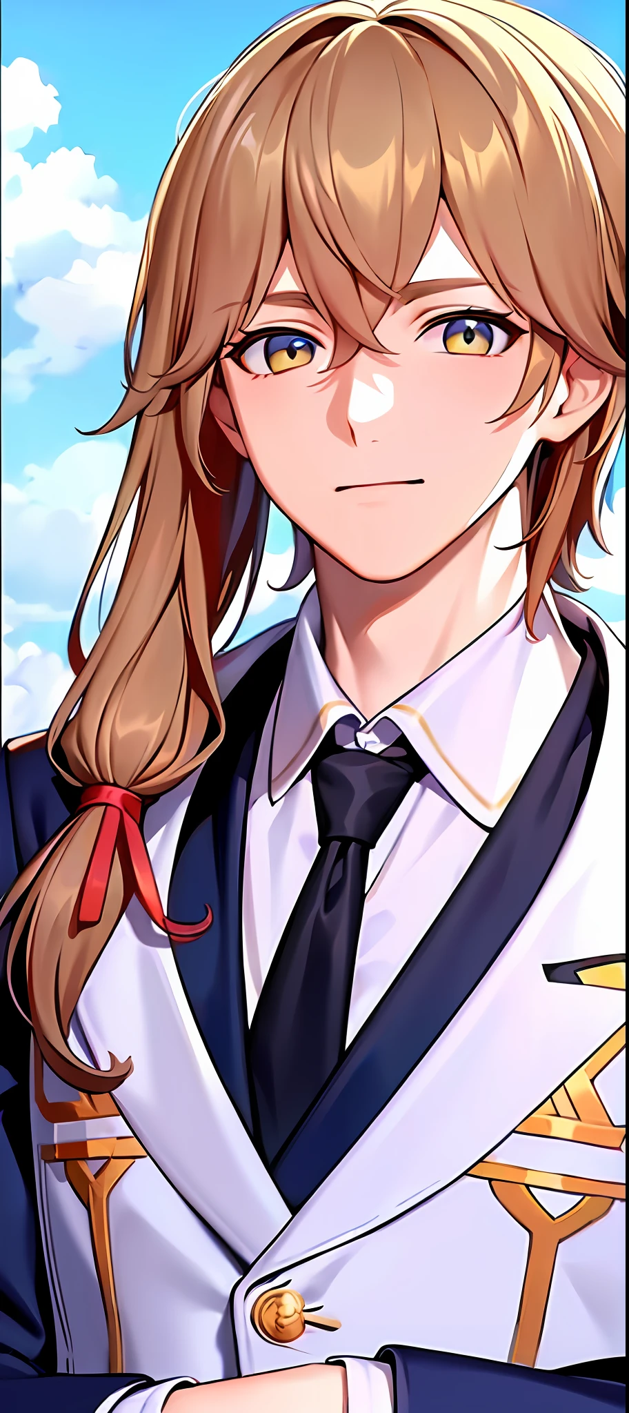 (City + white clouds, panoramic recommendation), (a handsome man wearing formal clothes, other details are casually matched)
