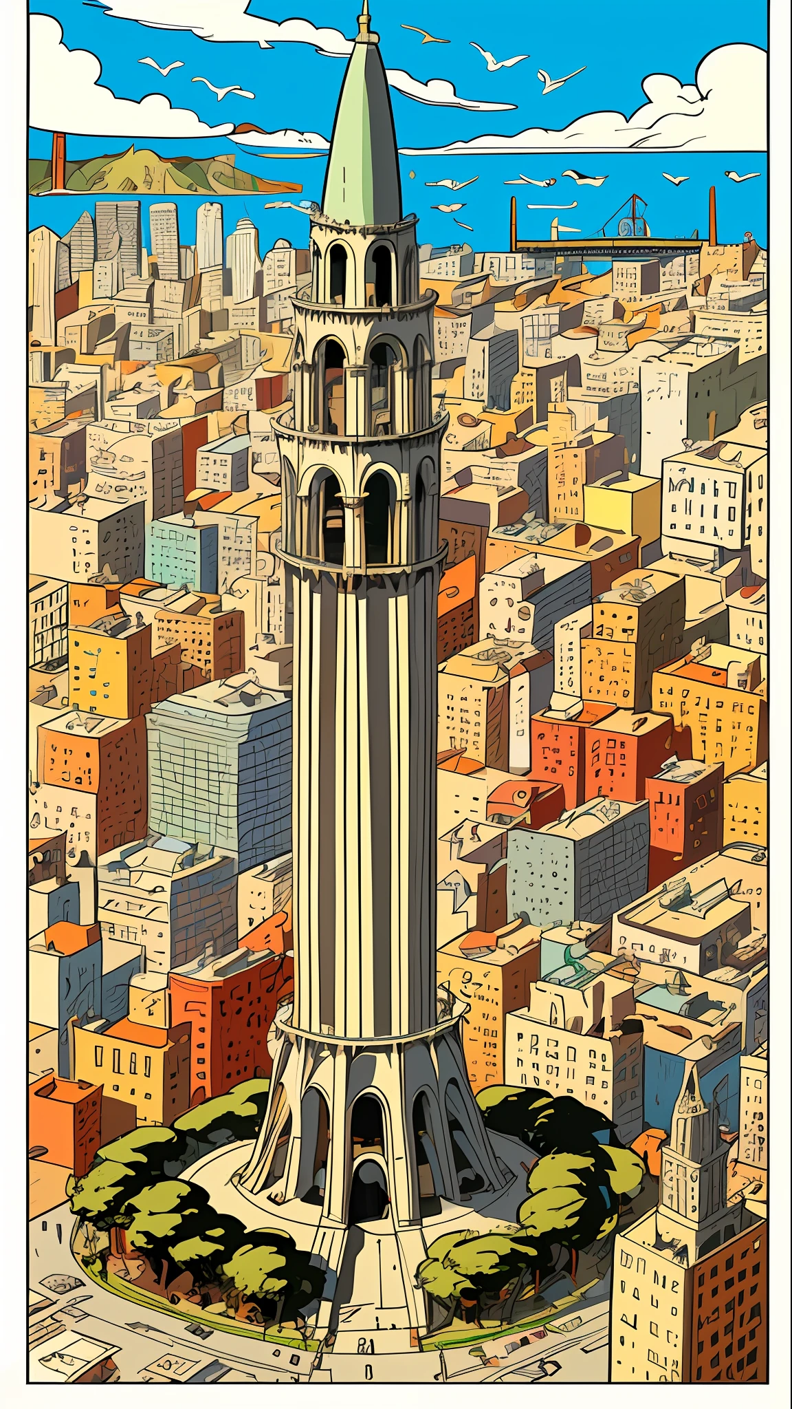 Chaotic maximalist San Francisco coit tower, bird's eye view and flying gastlis, illustrated by Herg, tin tin, pen-and-ink comic book style