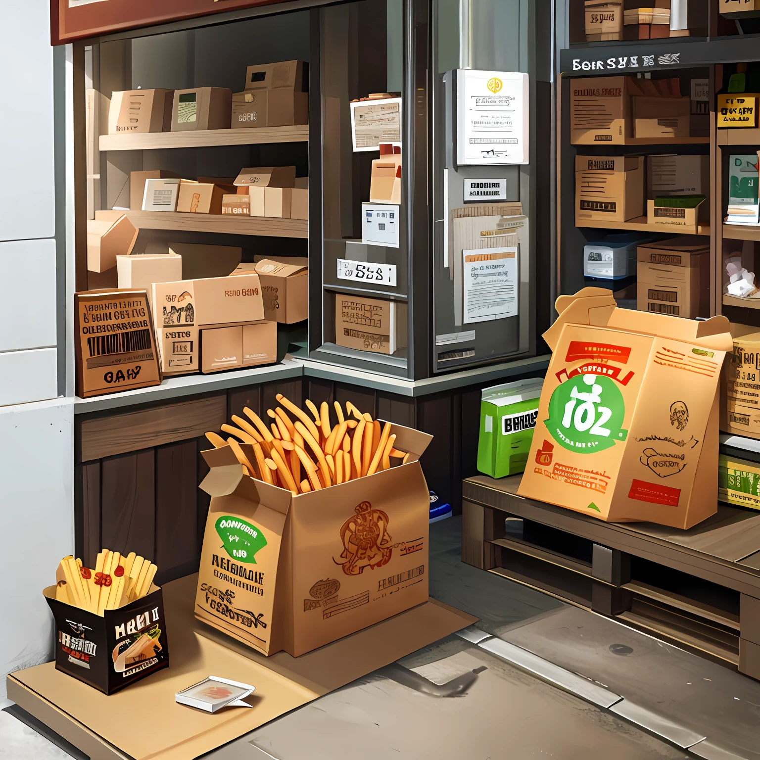 No humans, french fries packaging, concept art, cardboard box, Harry Potter