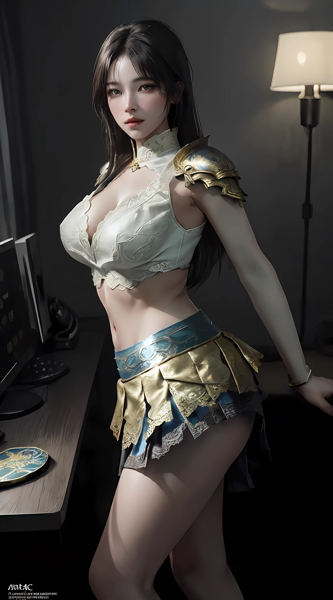 a sexy woman in a gold and blue lotus lace armor skirt, chengwei pan on artstation, by Yang J, detailed fantasy art, stunning character art, fanart best artstation, epic exquisite character art, beautiful armor, extremely detailed artgerm, detailed digital anime art, artgerm on artstation pixiv, armor girl, cleavage:1.5 , big breasts:1.4, (mini skirt:1.5)