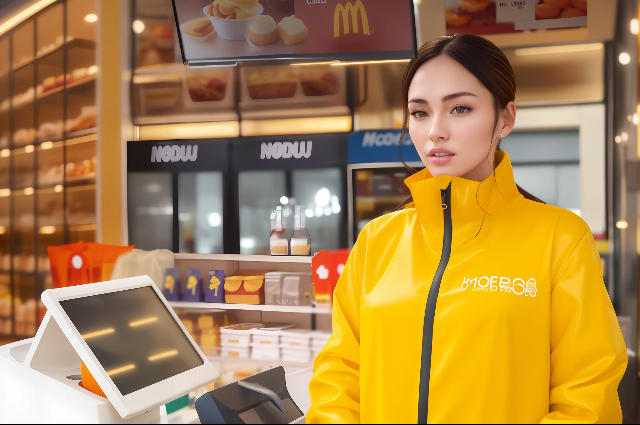 woman in yellow jacket standing in front of a cash register, exclusive, no background, warm and joyful atmosphere, portrait shot, exploitable image, portrait c 1 2. 0, portrait c 12.0, slightly golden, gongbi, megan fox as a mcdonalds cashier, li zixin, daoshi, single image, peak experience ”, krystal, stylized