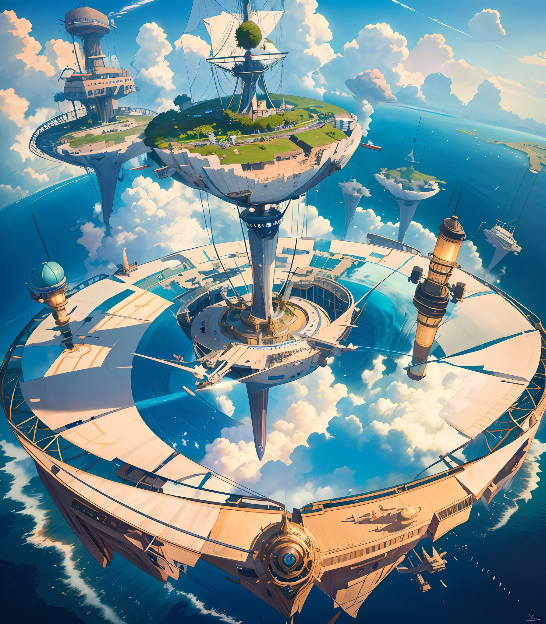 Many islands are suspended in the air with many small airships flying around, cities, fantasy, magical plants growing, extreme details, realistic light, epic composition, (complex details), (complex design, ultra-details :1.2), Art Station, (Masterpiece, Best Quality), Ultra HD, 32k --v 6