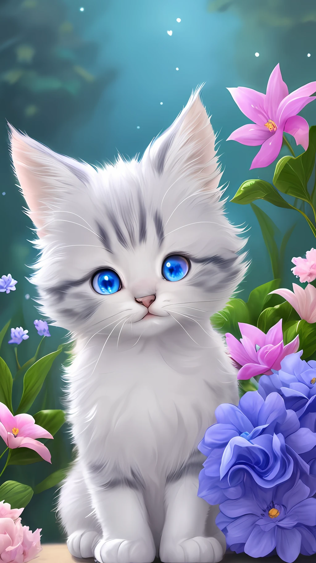 A kitten with a tiny tail, a small nose, small ears, blue eyes, blue background, flowers, vase, dream, caroline chariot-dayez pastels, tumblr, furry art, elokitty, Disney's Bambi, Disney's furry, ears floating, fluffy tail, warrior cat's gray fur, human cat, fluffy ''', fluffy !!!, high resolution, furry art!!!
