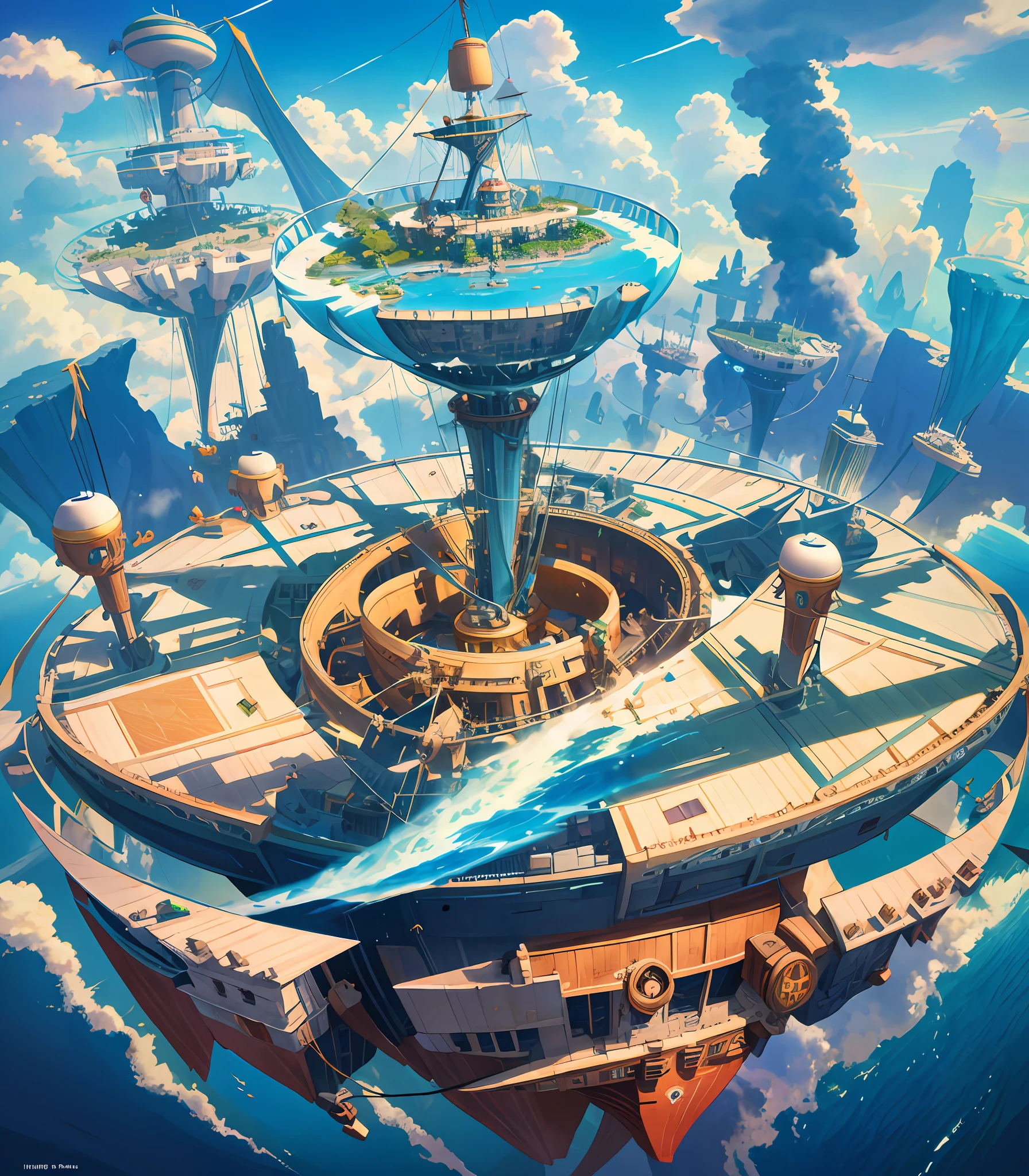 Many islands are suspended in the air with many small airships flying around, cities, fantasy, magical plants growing, extreme details, realistic light, epic composition, (complex details), (complex design, ultra-details :1.2), Art Station, (Masterpiece, Best Quality), Ultra HD, 32k --v 6