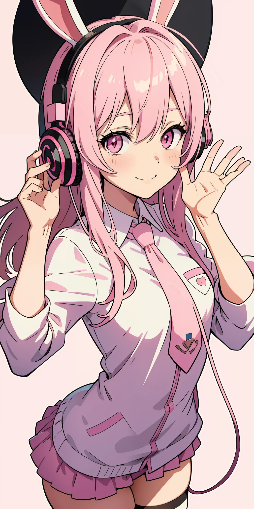 Headphones, anime girl with pink hair and bunny ears in pink tie, pink eyes, smile