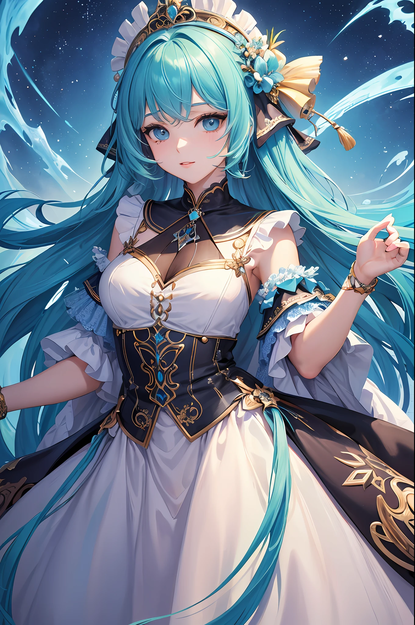 (Masterpiece, Top Quality, Best Quality, Official Art, Beauty and Aesthetics: 1.2), (1girl: 1.3), (Fractal Art: 1.3), Vibrant Aqua Blue Eyes, Medium Hair with Tassels,