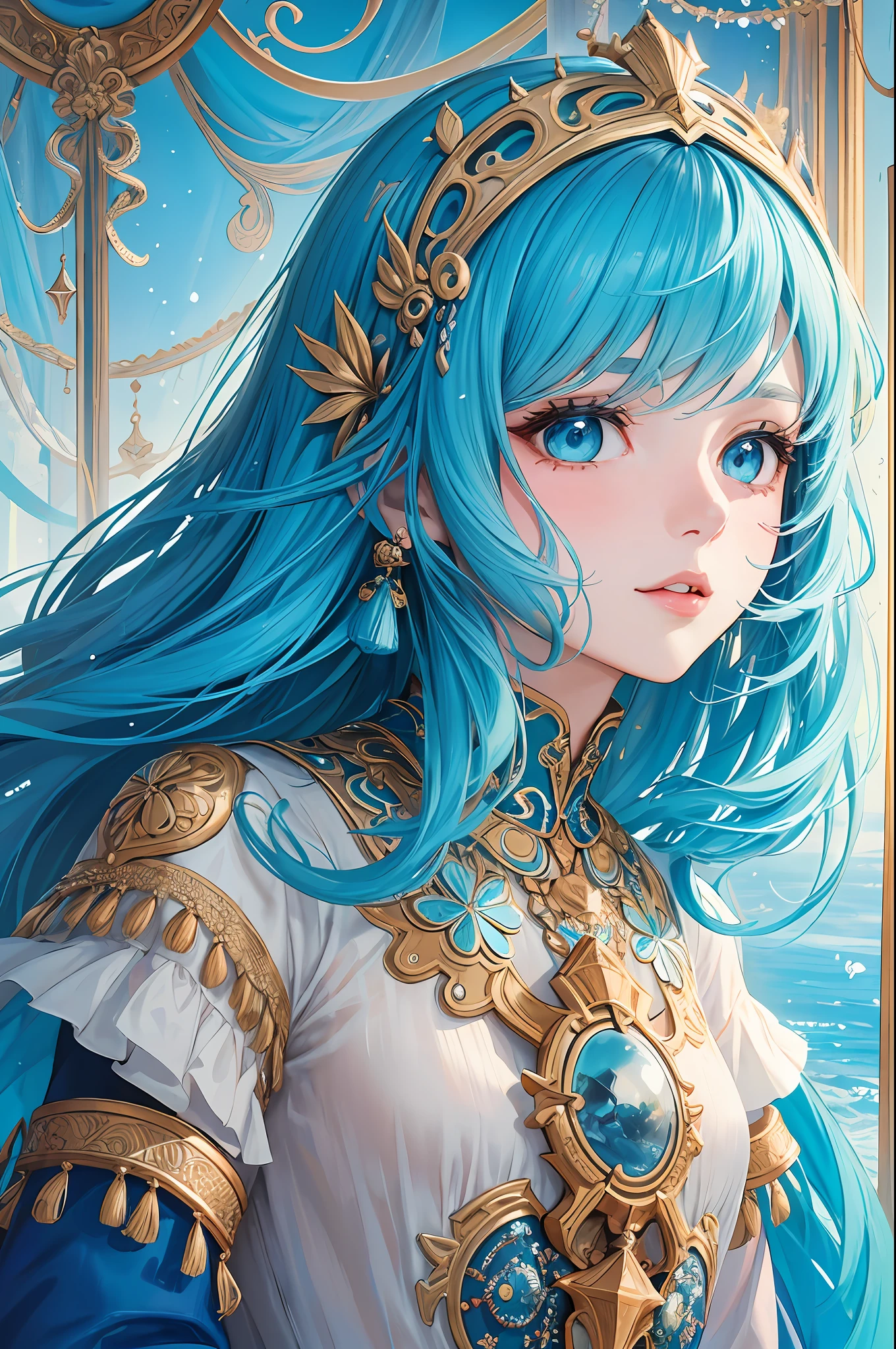 (Masterpiece, Top Quality, Best Quality, Official Art, Beauty and Aesthetics: 1.2), (1girl: 1.3), (Fractal Art: 1.3), Vibrant Aqua Blue Eyes, Medium Hair with Tassels,