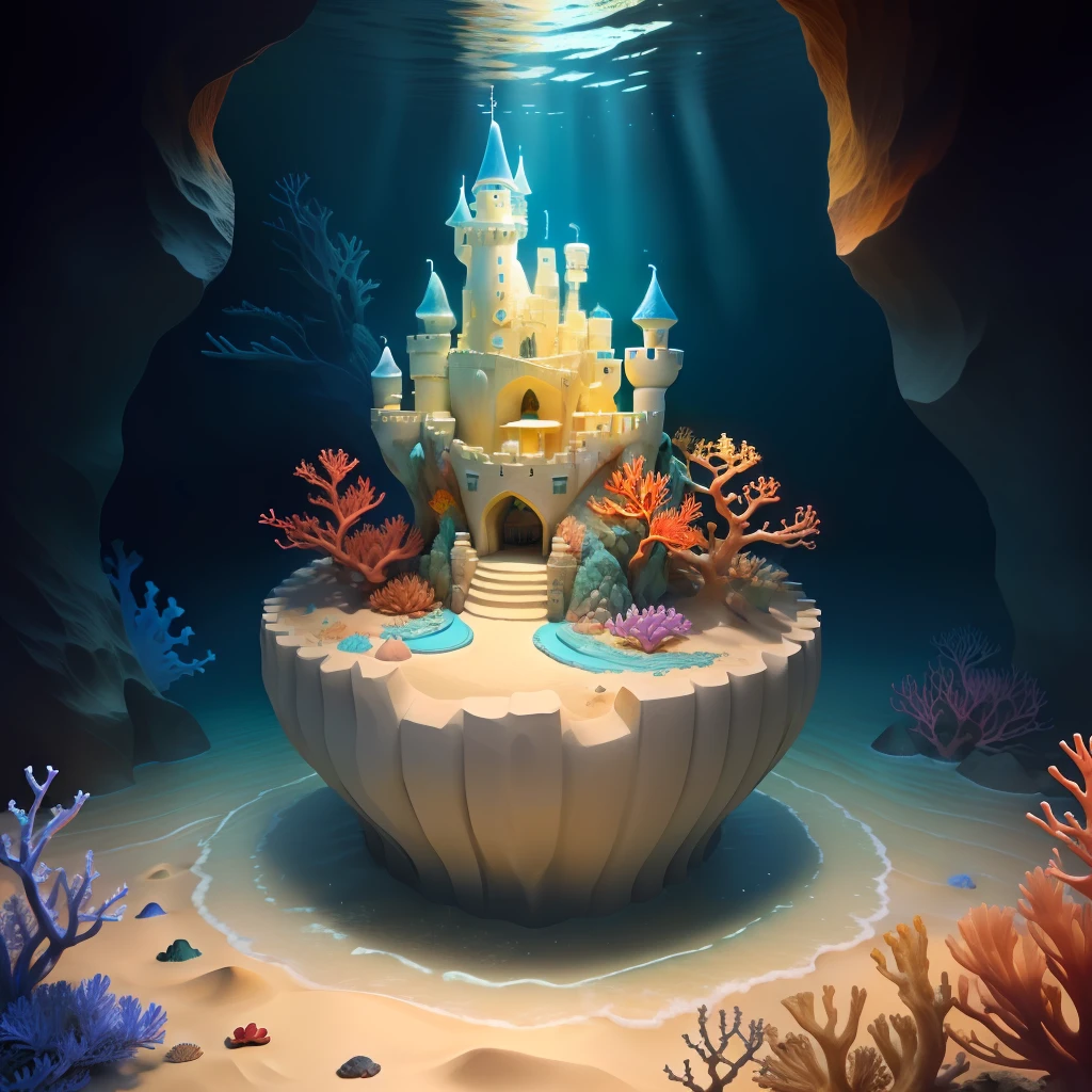 a sand castle with flowing water,around there are colorful corals, and a few crabs,star fish,there are also sea plants, fantasy,3D,ambiance hd, HDR, 4k v--4.