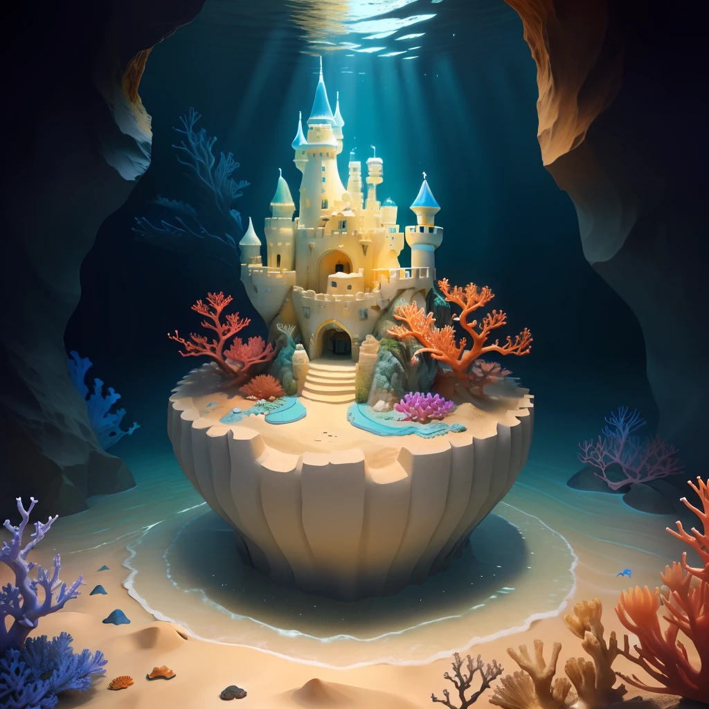 a sand castle with flowing water,around there are colorful corals, and a few crabs,star fish,there are also sea plants, fantasy,3D,ambiance hd, HDR, 4k v--4.