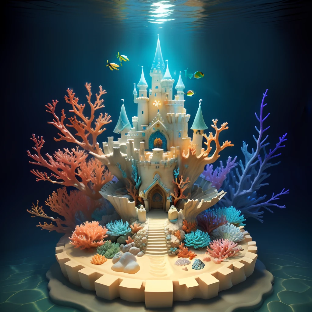 a sand castle with flowing water,around there are colorful corals, and a few crabs,star fish,there are also sea plants, fantasy,3D,ambiance hd, HDR, 4k v--4.