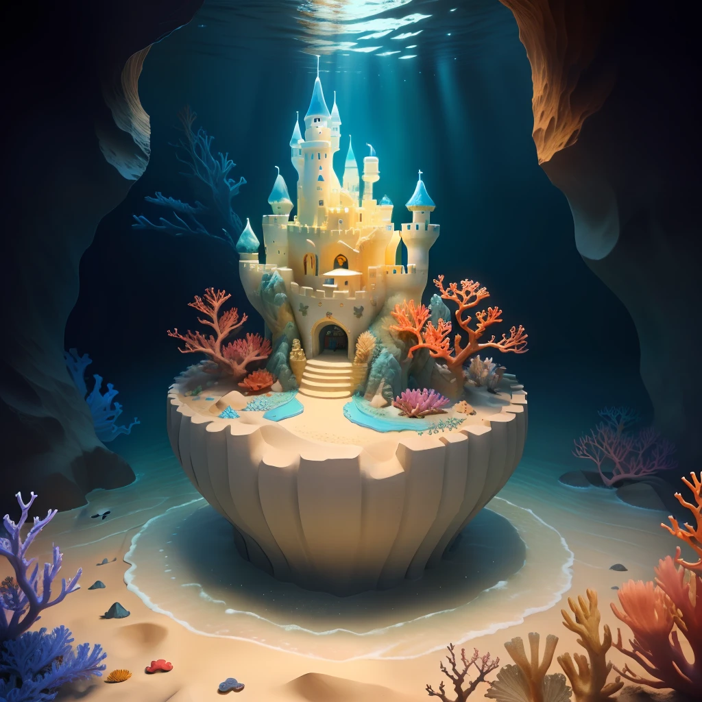 a sand castle with flowing water,around there are colorful corals, and a few crabs,star fish,there are also sea plants, fantasy,3D,ambiance hd, HDR, 4k v--4.
