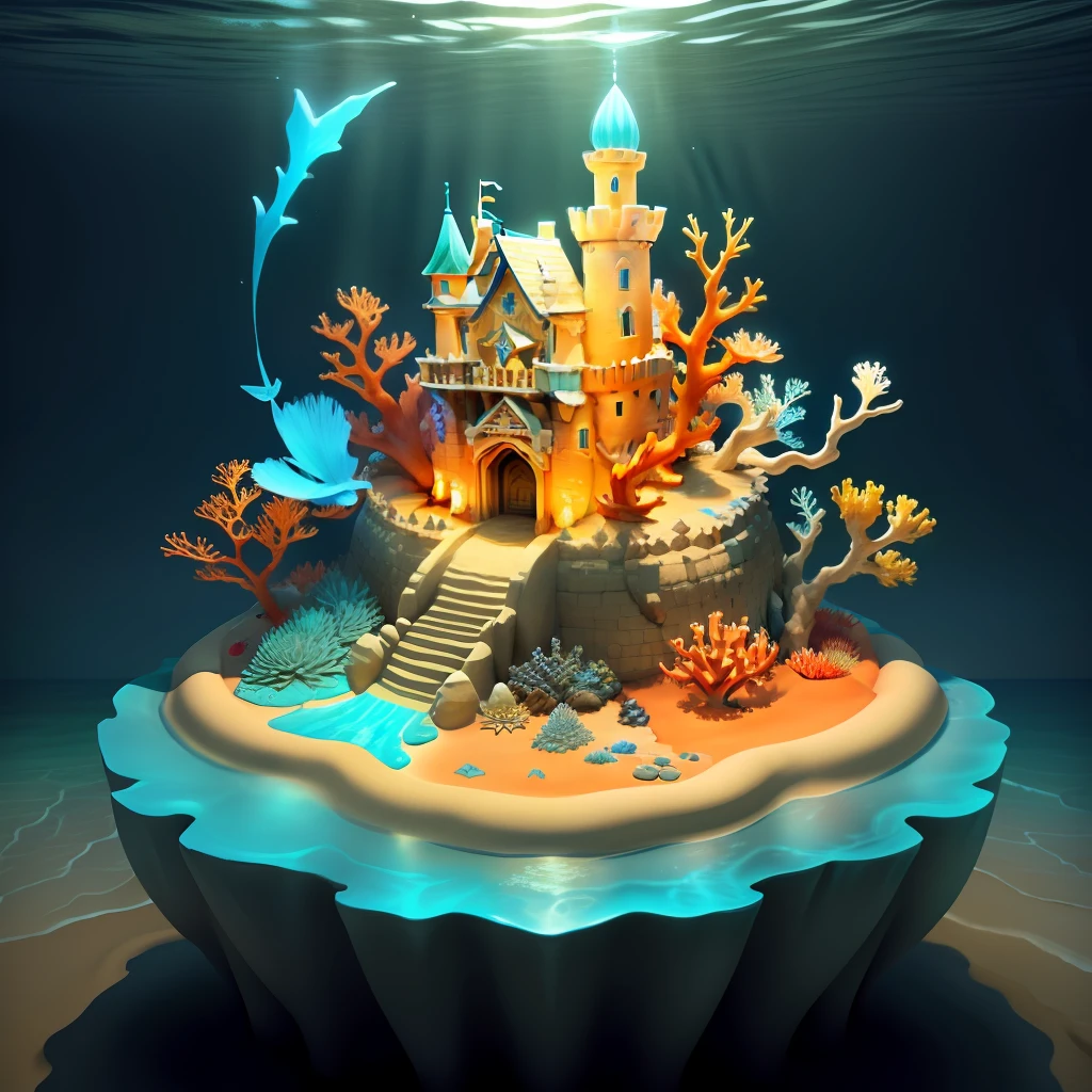 a sand castle with flowing water,around there are colorful corals, and a few crabs,star fish,there are also sea plants, fantasy,3D,ambiance hd, HDR, 4k v--4.