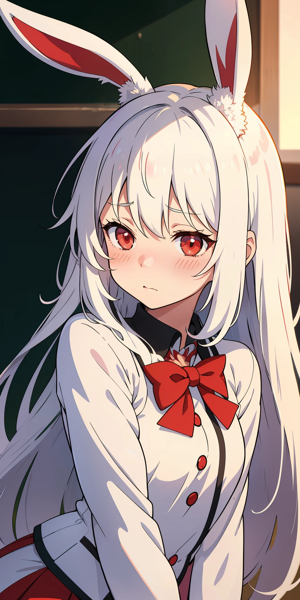 Anime girl with white hair and bunny ears, red eyes, shy blush, school uniform
