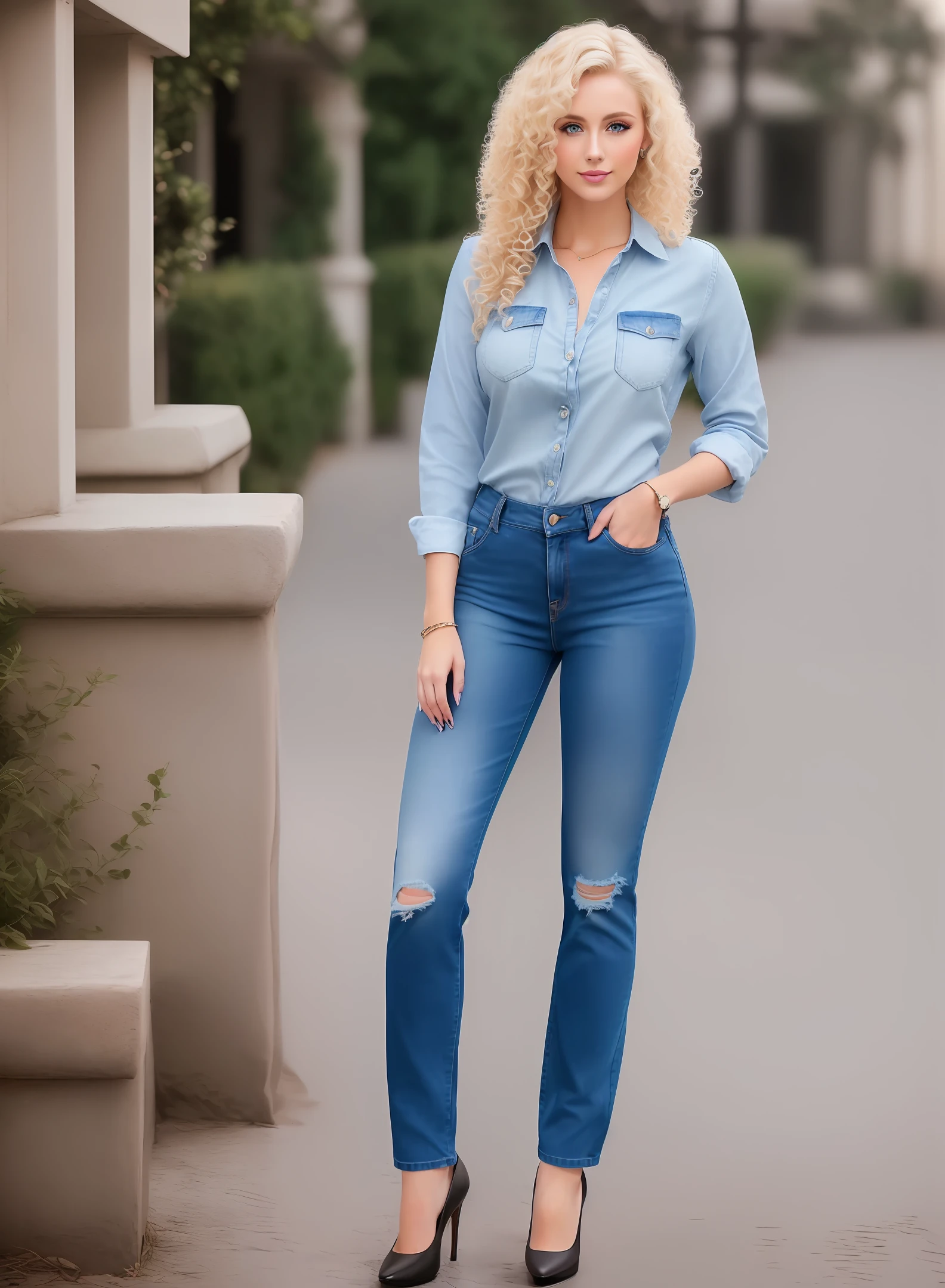 25 year old blonde woman professional photorealistic, curly hair, blue eyes, (professional photo) (ultra realistic) (full body) blue clothing jeans pants