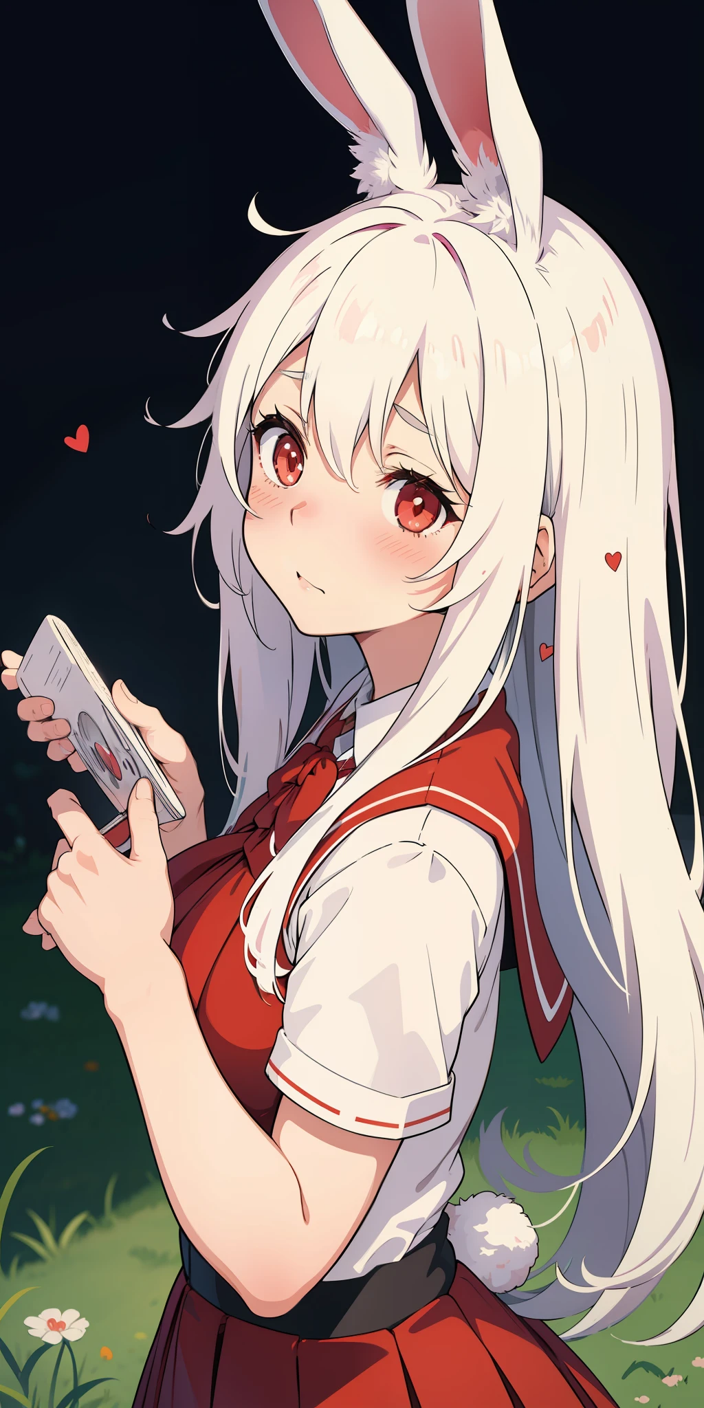 Anime girl with white hair and bunny ears, red eyes, shy blush, school uniform