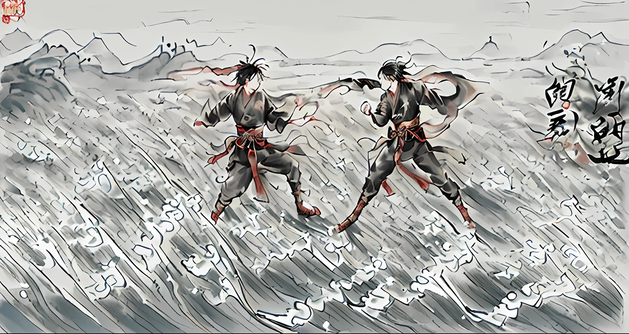 ((high quality + best picture quality), ancient style painting style + Chinese style style, ((brave + mysterious), 1 male), black hair, ((martial arts + sword), (strong impact + momentum)), 4K ultra-high resolution, ((flowing + splashing ink), (romance + flying)), "Let's feel the true essence of the martial arts world together!" ")