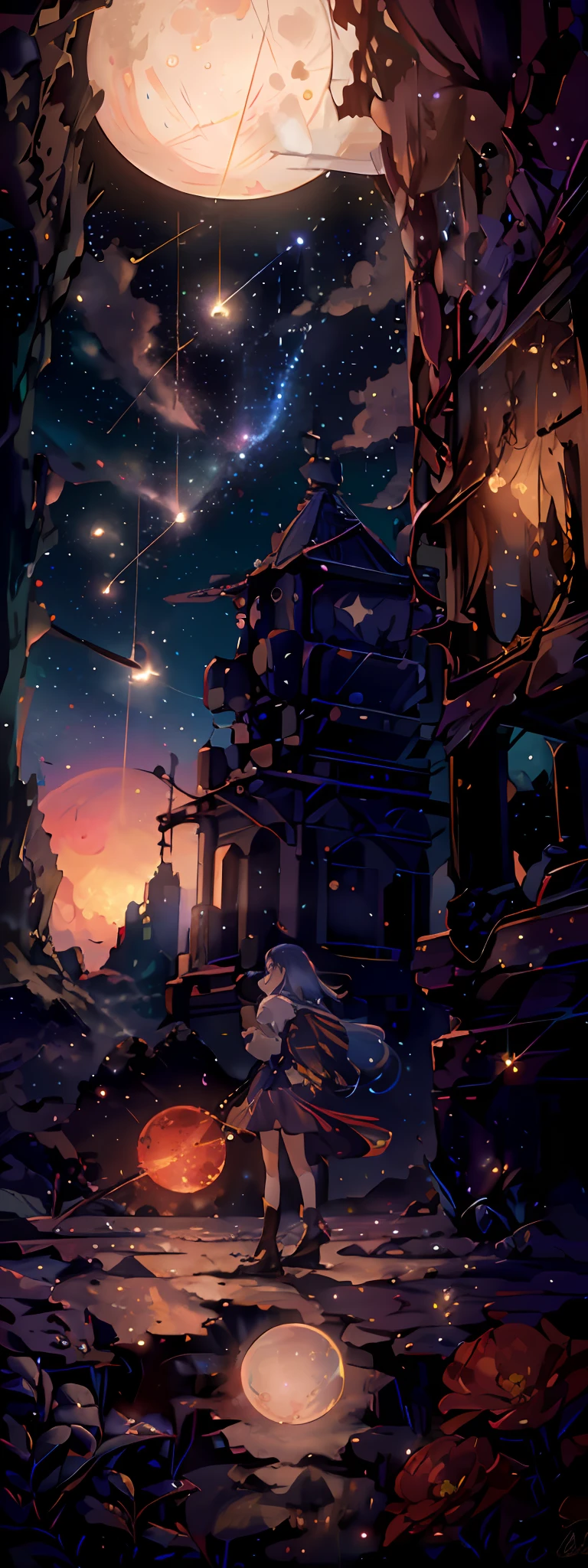 Expansive landscape photograph, (view from below with a view of the sky and wilderness below),  girl standing in a flower field looking up, (full moon: 1.2), (shooting star: 0.9), (nebula: 1.3), distant mountain, tree break production art, (warm light source: 1.2), (firefly: 1.2), lamp, purple and orange, intricate detail, volume lighting, realism break (masterpiece: 1.2) (Best Quality), 4K, Ultra-Detailed, (Dynamic Composition: 1.4), Highly Detailed and Colorful Detail, (Iridescent Colors: 1.2), (Radiant Lighting, Atmospheric Lighting), Dreamy, Magical, (Solo: 1.2), Realistic Flowers, Material, Walls, Ultra-Fine Flowers, Picturesque Walls, Falling Stars, Meteor Shower, Shooting Stars, Fireflies, Small Balls of Light, Orbs, Fantastic, Light Particles, Star Rain, Star Shake, Blue Moon, crescent moon, five-pointed star, first magnitude star, betelgeuse, glass ball, blue light, back view, sentimental, loneliness, ((comet)), bubble ball, 🫧