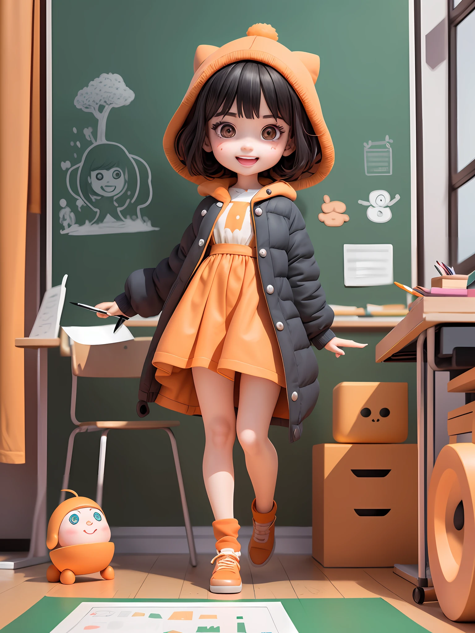 A cartoon style, in a classroom, drawing a car on a drawing board with a pen. This highly detailed illustration with 4K resolution presents haunting facial features. Leg details, face details, body details, a car on the drawing board, a car on the drawing board, a car on the drawing board, (masterpiece), (extreme), (super detailed), (prime: 1.9), 1girl, sunshine, cute, orange, (big head: 1.8), doll, smile, open mouth, urban, fashion, coat, blush, tree, shirt, short hair, orange, orange headdress, blurry, long sleeves, bangs, black hair, (beautiful and delicate face), (beautiful delicate eyes), draw in the studio