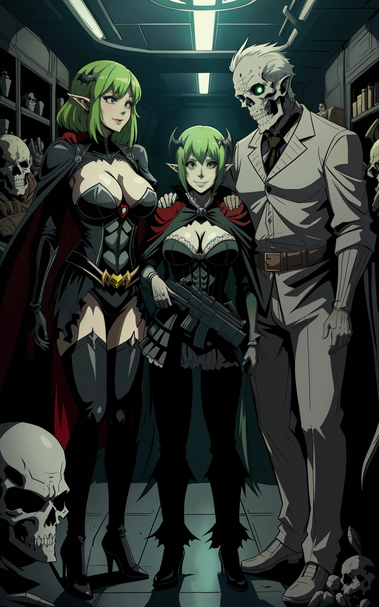 Zombie|Skeleton, (full body photo: 1.5), several men and Princess Zelda in maid cosplay costume| Spider-Man| Batman| Superman, inside a crowded spaceship and (Old Man+Demon is holding her tightly), and (the others are squeezing her in the corner of the ship)), she has (very short green hair blowing in the wind), (black eyes: 1.0), large breasts, is looking at the old man, smiling and the (Old man is holding a futuristic machine gun). Anime style (maximum resolution and quality and detail: 1.5), (masterpiece: 1.2)