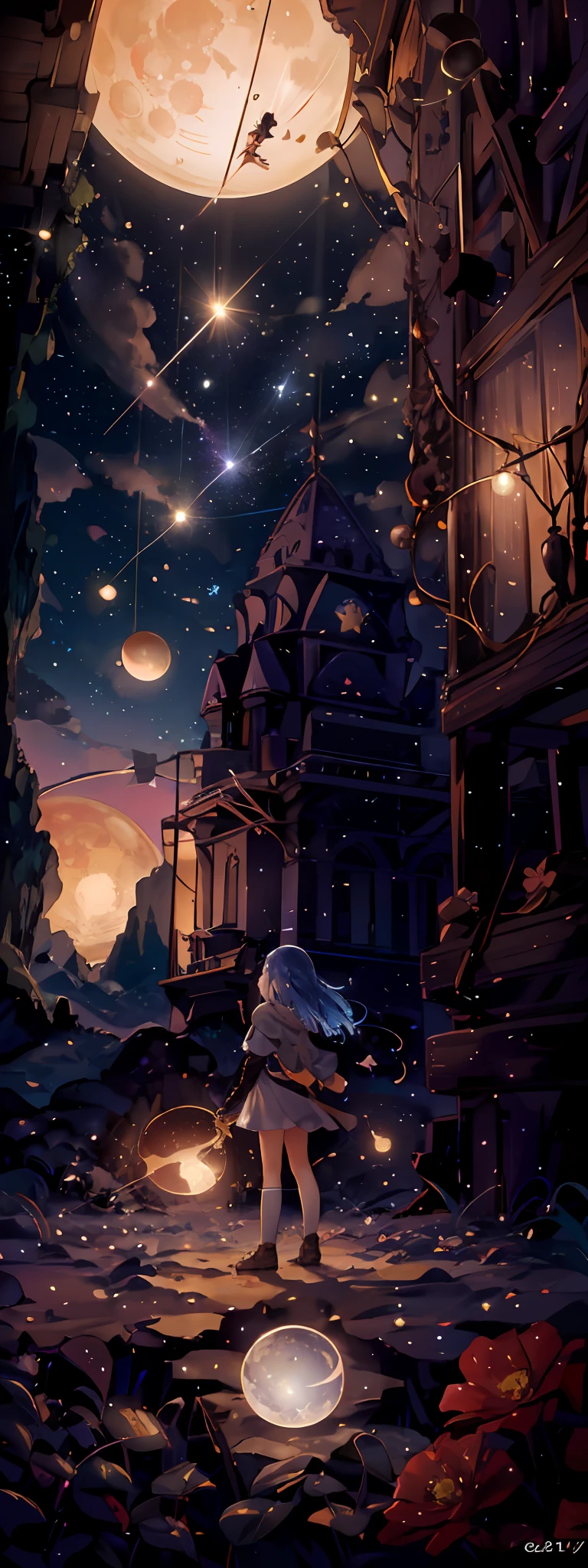 Expansive landscape photograph, (view from below with a view of the sky and wilderness below), little girl standing in a flower field looking up, (full moon: 1.2), (shooting star: 0.9), (nebula: 1.3), distant mountain, tree break production art, (warm light source: 1.2), (firefly: 1.2), lamp, purple and orange, intricate detail, volume lighting, realism break (masterpiece: 1.2) (Best Quality), 4K, Ultra-Detailed, (Dynamic Composition: 1.4), Highly Detailed and Colorful Detail, (Iridescent Colors: 1.2), (Radiant Lighting, Atmospheric Lighting), Dreamy, Magical, (Solo: 1.2), Realistic Flowers, Material, Walls, Ultra-Fine Flowers, Picturesque Walls, Falling Stars, Meteor Shower, Shooting Stars, Fireflies, Small Balls of Light, Orbs, Fantastic, Light Particles, Star Rain, Star Shake, Blue Moon, crescent moon, five-pointed star, first magnitude star, betelgeuse, glass ball, blue light, back view, sentimental, loneliness, ((comet)), bubble 🫧, blue glowing hair