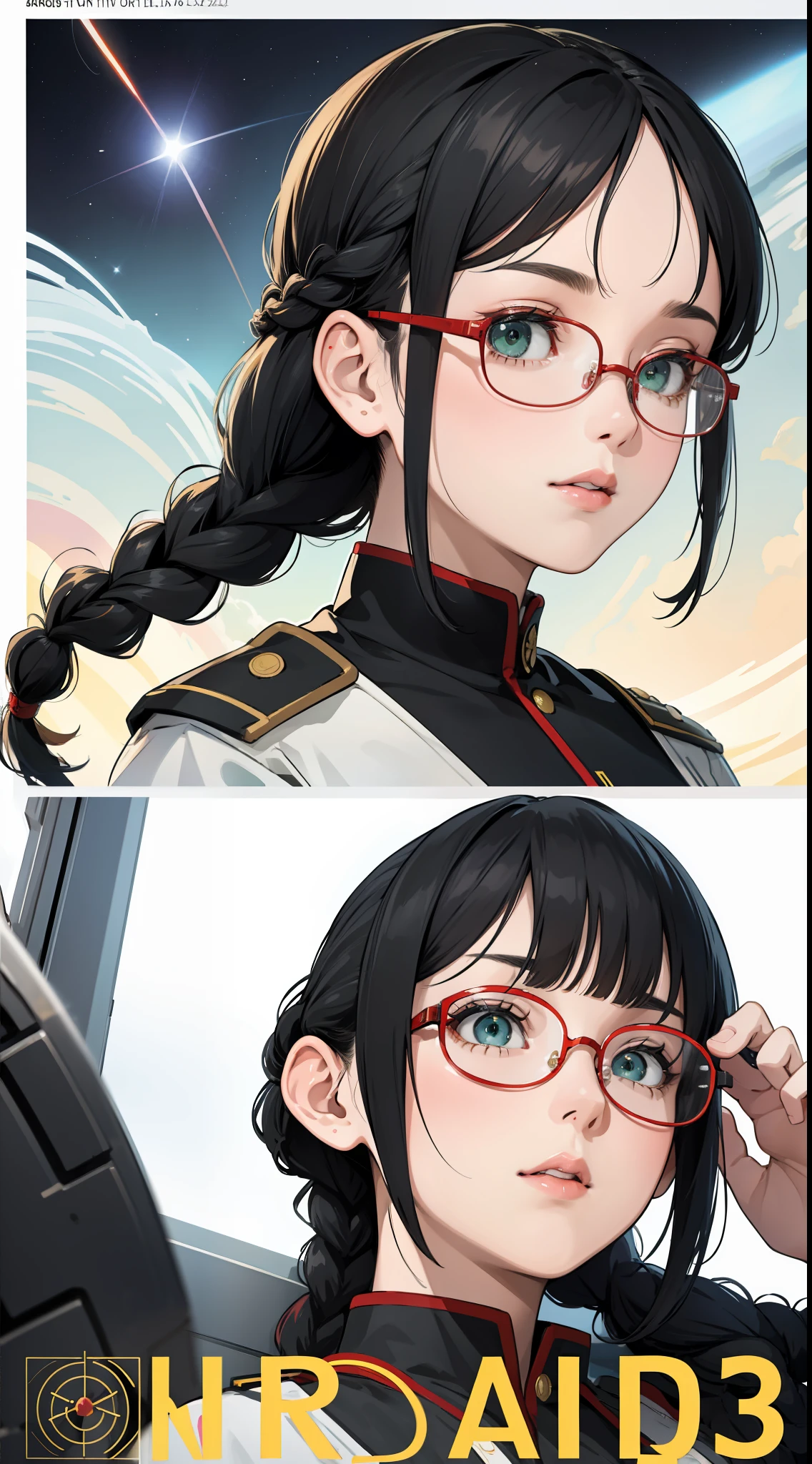 Movie Poster,((Braid Hairstyle : 1.5)),Anime Reference 86 ,Science Fiction,Sci-Fi,Movies,War Action Movies,Space,Atmosphere,Sky,Battleship,Multiple Characters,Women,Adults,Green Eyes,Black Hair,(Pia bangs hairstyle) : 1.8 ),(Red Glasses),General Uniform,White Commander Uniform,Realistic Face Details,Realism,3D Face,