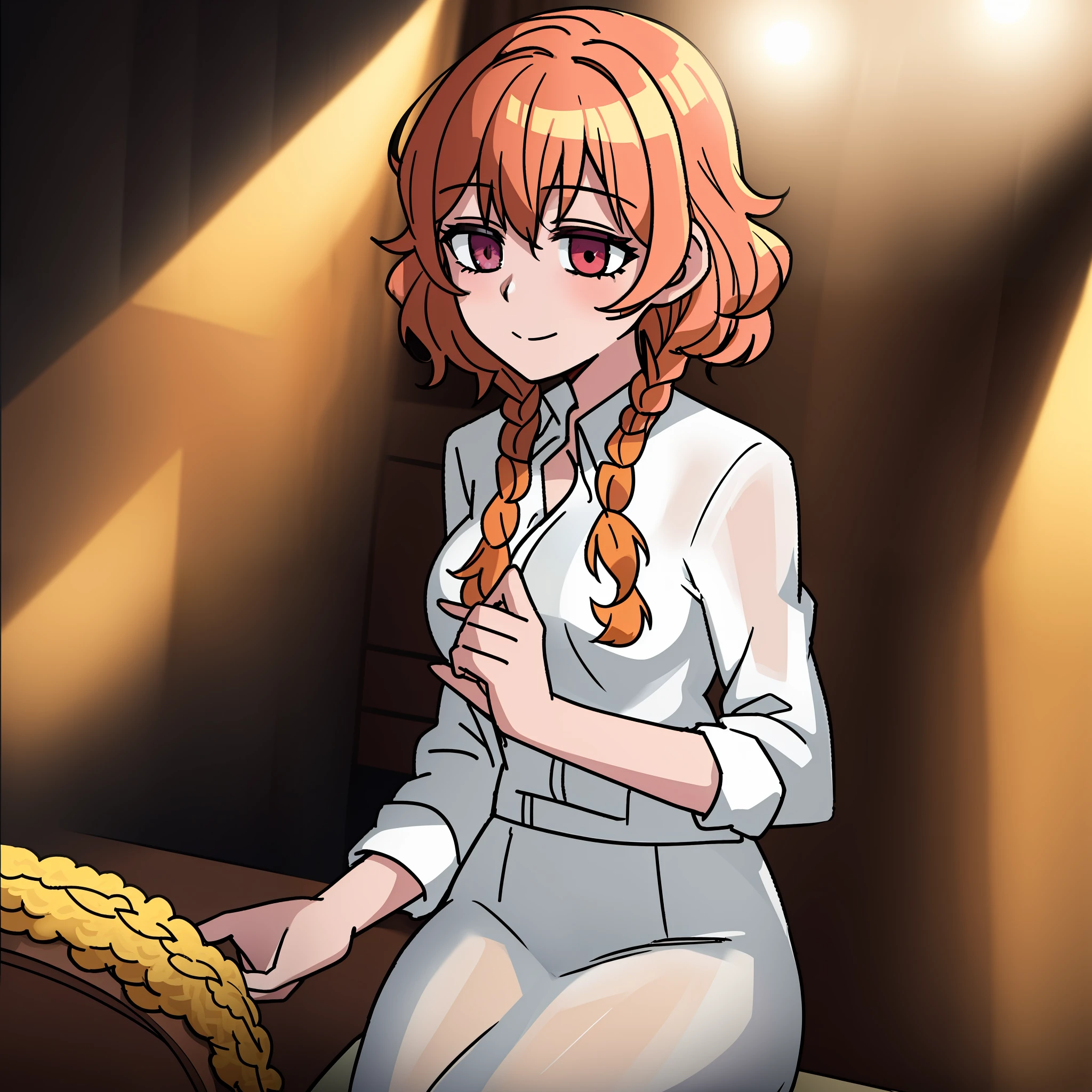 woman, curly ginger hair braided, sitting, see through shimmering clothes