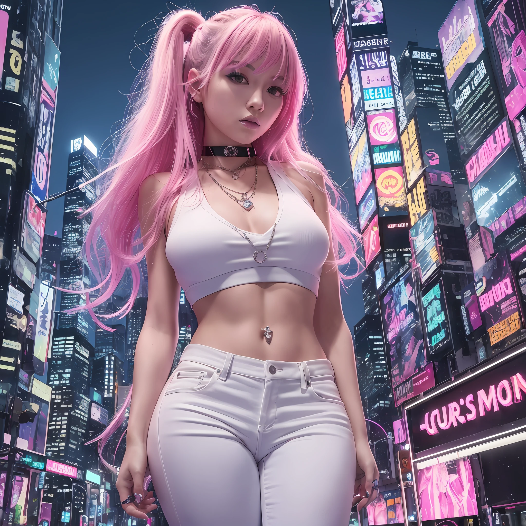 Chelsea, (Masterpiece: 1.4), (Best Quality: 1.4), 1 Girl, Solo, Cyberpunk, Bare Shoulders, Cityscape, Jewelry, Necklace, Nail Polish, Neon, Pink Hair, Long Hair, White Pants, Cyberpunk Night