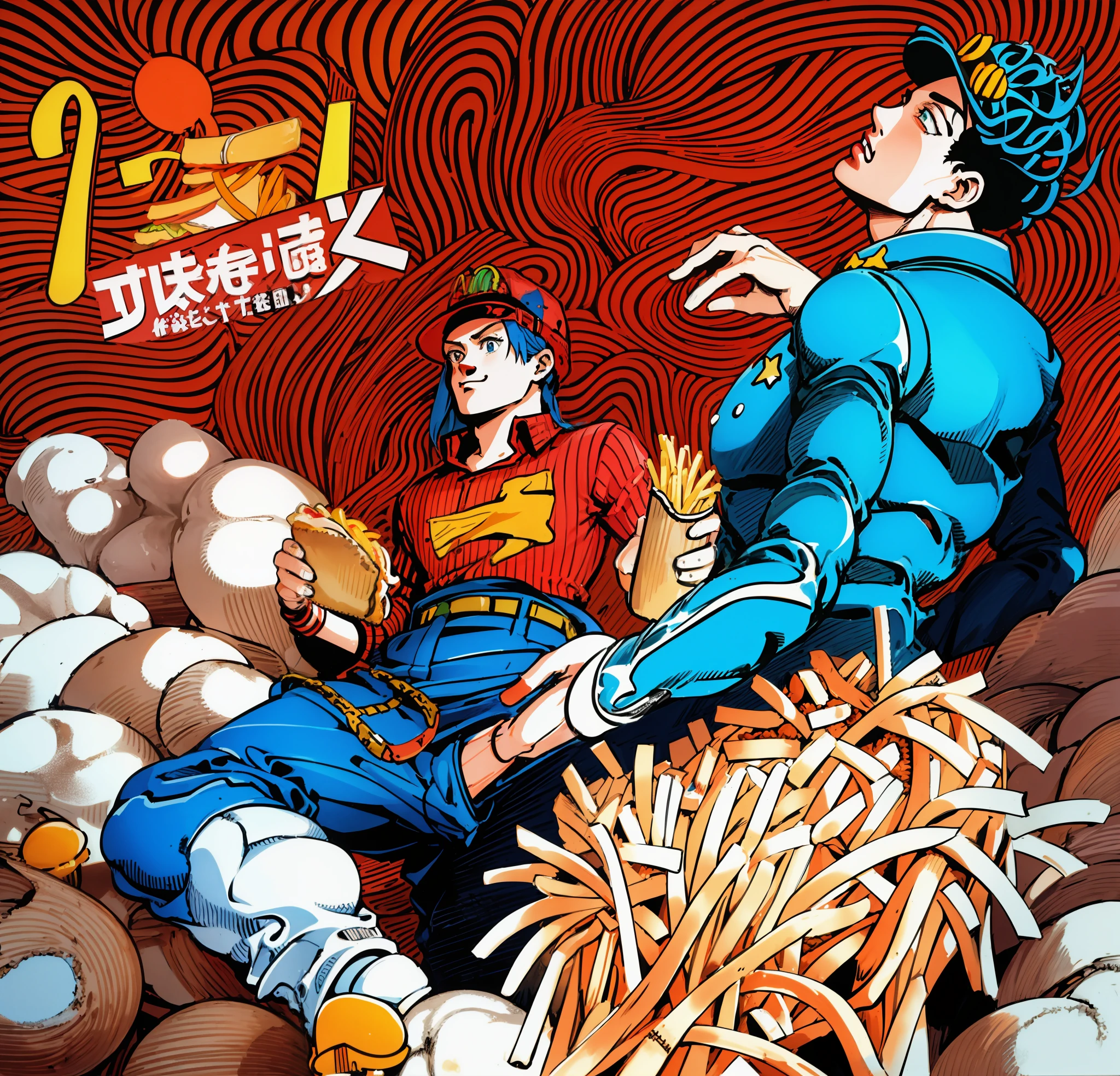 A beautiful illustration, lineart, bold coloring, advertisement, burger and fries, McDonalds, meal, ((food focus no people)) masterpiece, arakistyle, manga art, best quality, scan, red tones, illustration, JoJo, background, landscapes, anime, simple coloring, colorful