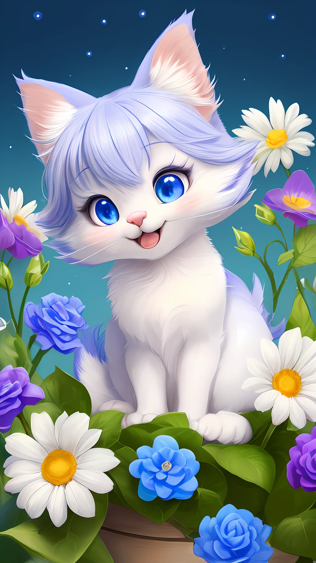 A kitten with a small tail, a small nose, small ears, blue eyes, blue background, flowers, vases, dreams, open mouth, smile, Caroline Chariot-Dayez pastels, tumblr, furry art, elokitty, Disney's Bambi cat, Disney's stylized furry, ear floating, fluffy tail, human cat, fluffy ', fluffy !!!, high resolution, furry art!!!